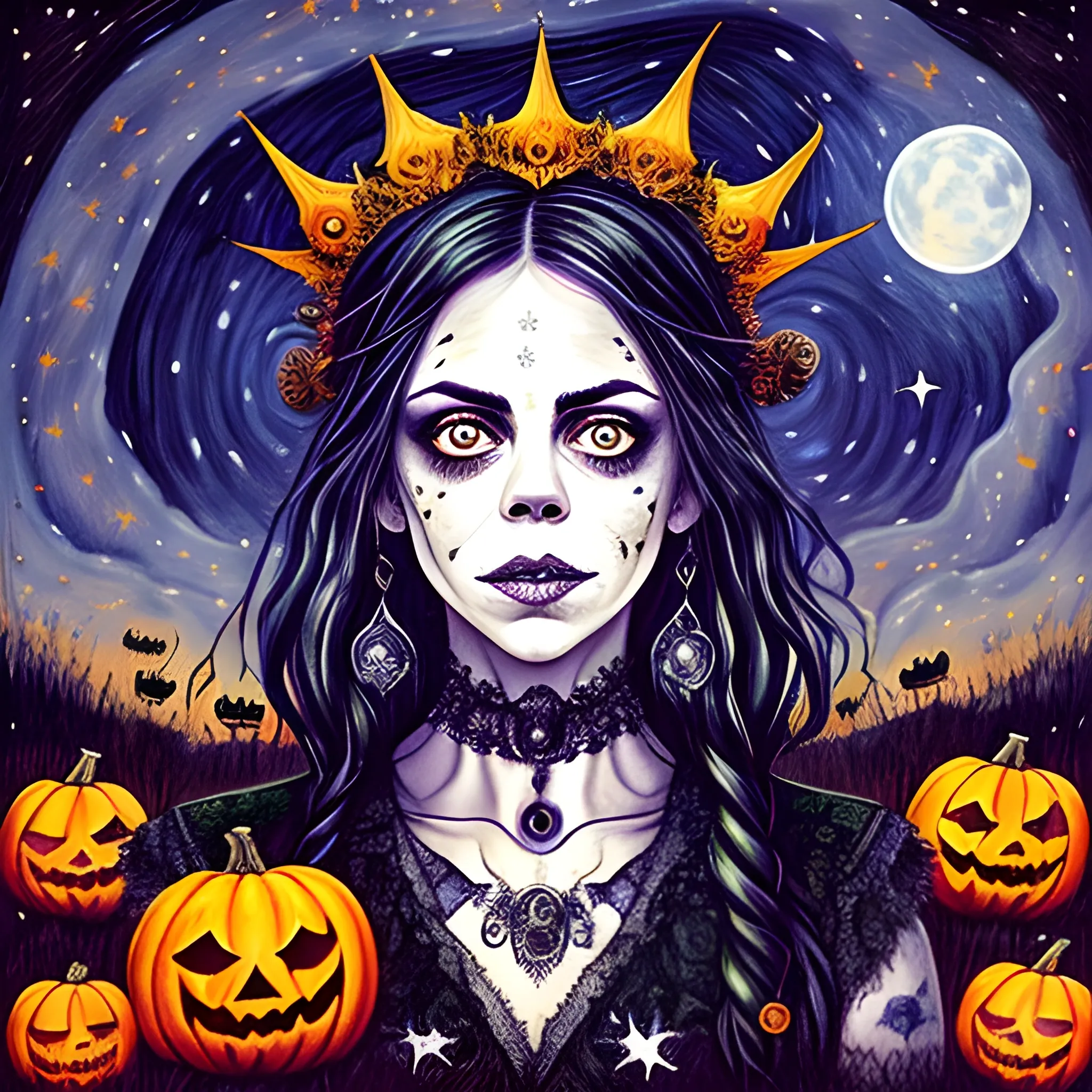 finely detailed eyes, Fairuza Balk as a Halloween Witch with an ornate Halloween themed crown, mixed media, complimentary color, the starry night background, pumpkins, bats, full moon under a nebula sky; in the art style of Kaethe Butcher, Pierre-Auguste Renoir. beautiful lights, luminous color sparkles, glitter, effulgent light