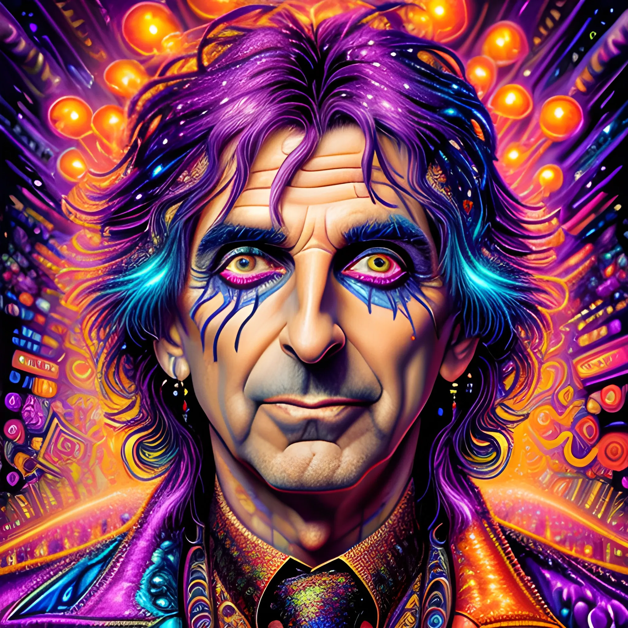 hyperdetailed oil on canvas, Alice Cooper, his handsome perfect, precisely detailed face, orange, pink, purple, luminous colorful sparkles, by James R. Eads, Gawki, rajewel, Tania Rivilis, Dan Mumford, glitter, airbrush, Octane Render, elegant, volumetric lighting, 16k