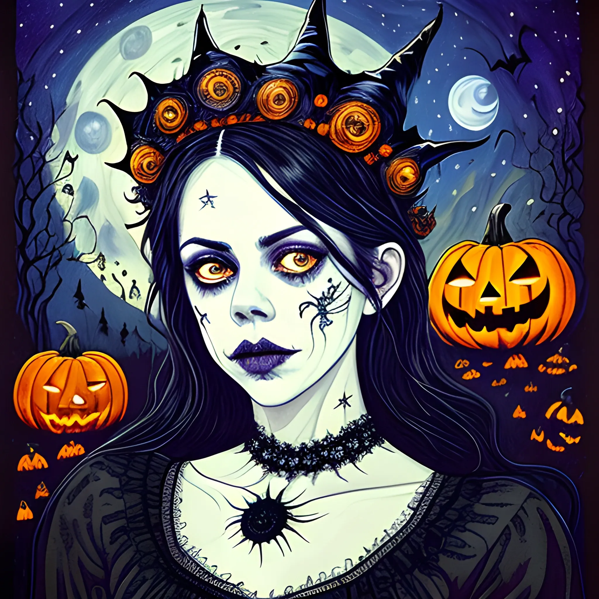 finely detailed eyes, Fairuza Balk as a Halloween Witch with an ornate Halloween themed crown, mixed media, complimentary color, the starry night background, pumpkins, bats, full moon under a nebula sky; in the art style of Kaethe Butcher, Pierre-Auguste Renoir. beautiful lights, luminous color sparkles, glitter, effulgent light