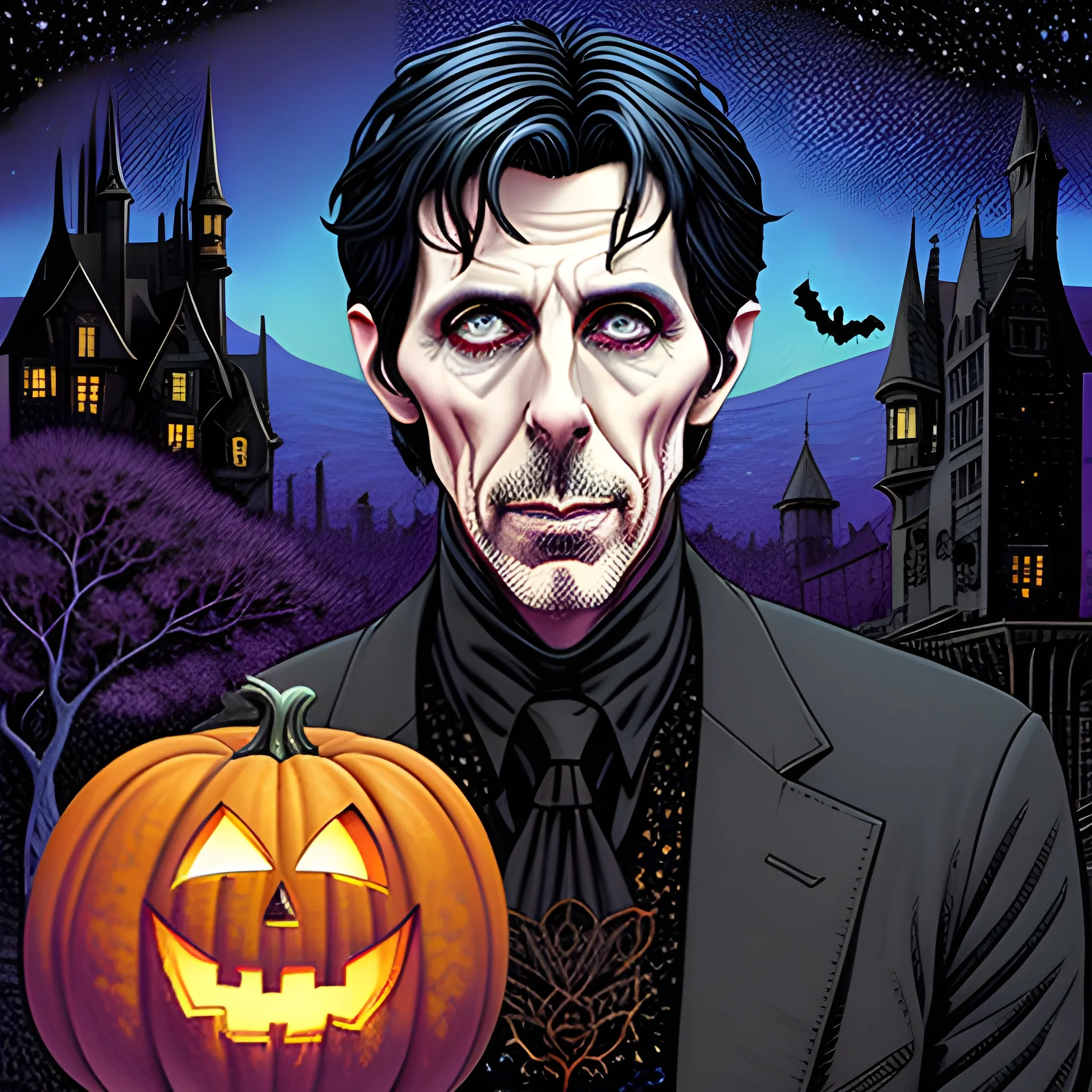 young Ric Ocasek, The Cars, his highly detailed angular, sunken face, blue eyes, meticulously detailed multi-hued short black hair, burgundy, berry wine and black, eldritch, macabre, Halloween, pumpkins, spooky, bats, full moon in a nebula sky, macabre, haunted, gothic; by Stephen Gammell, Zdzislaw Beksinski; luminous color sparkles, Vintage Art, 8k resolution, Artgerm, WLOP, Lisa Frank, James R. Eads, Illustration intricately detailed, Artstation, Chromolithography Soft Shading