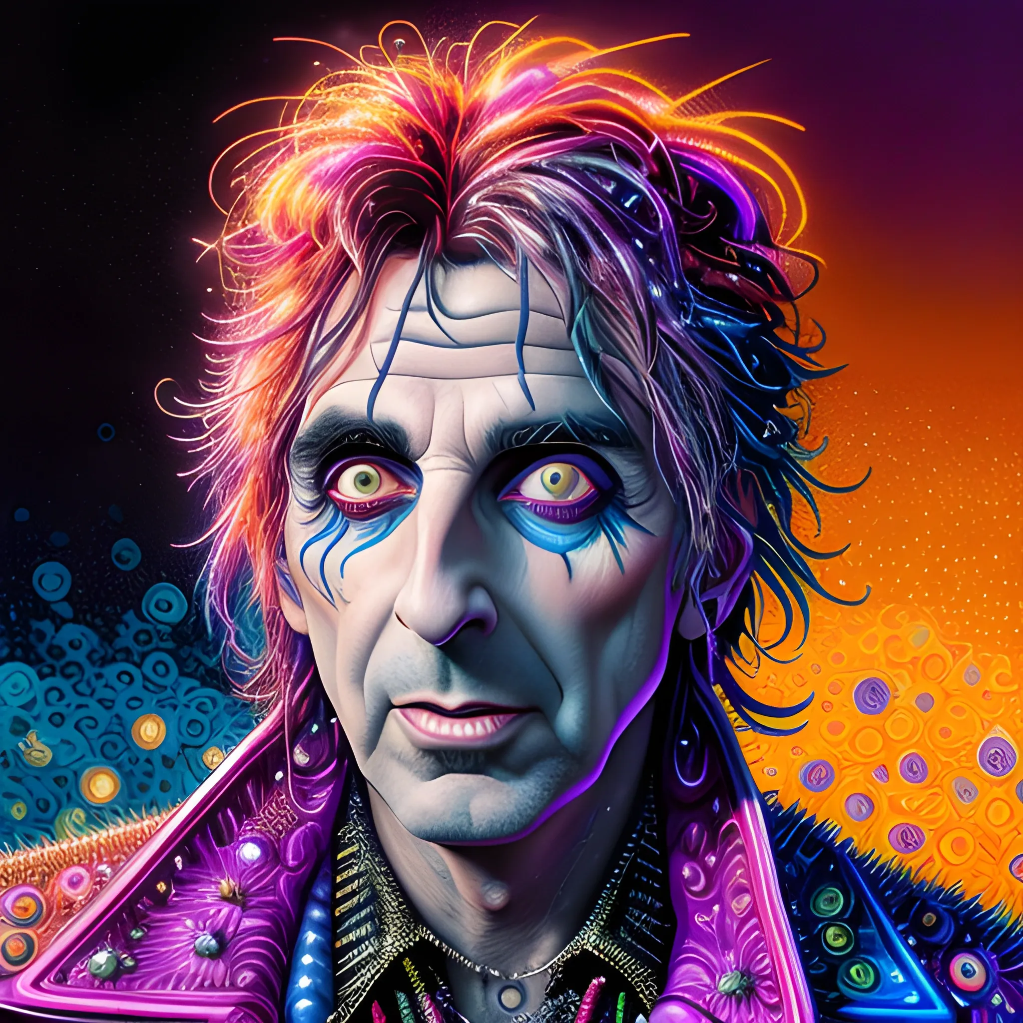 hyperdetailed oil on canvas, Alice Cooper, his handsome perfect, precisely detailed face, orange, pink, purple, luminous colorful sparkles, by James R. Eads, Gawki, rajewel, Tania Rivilis, Dan Mumford, glitter, airbrush, Octane Render, elegant, volumetric lighting, 16k