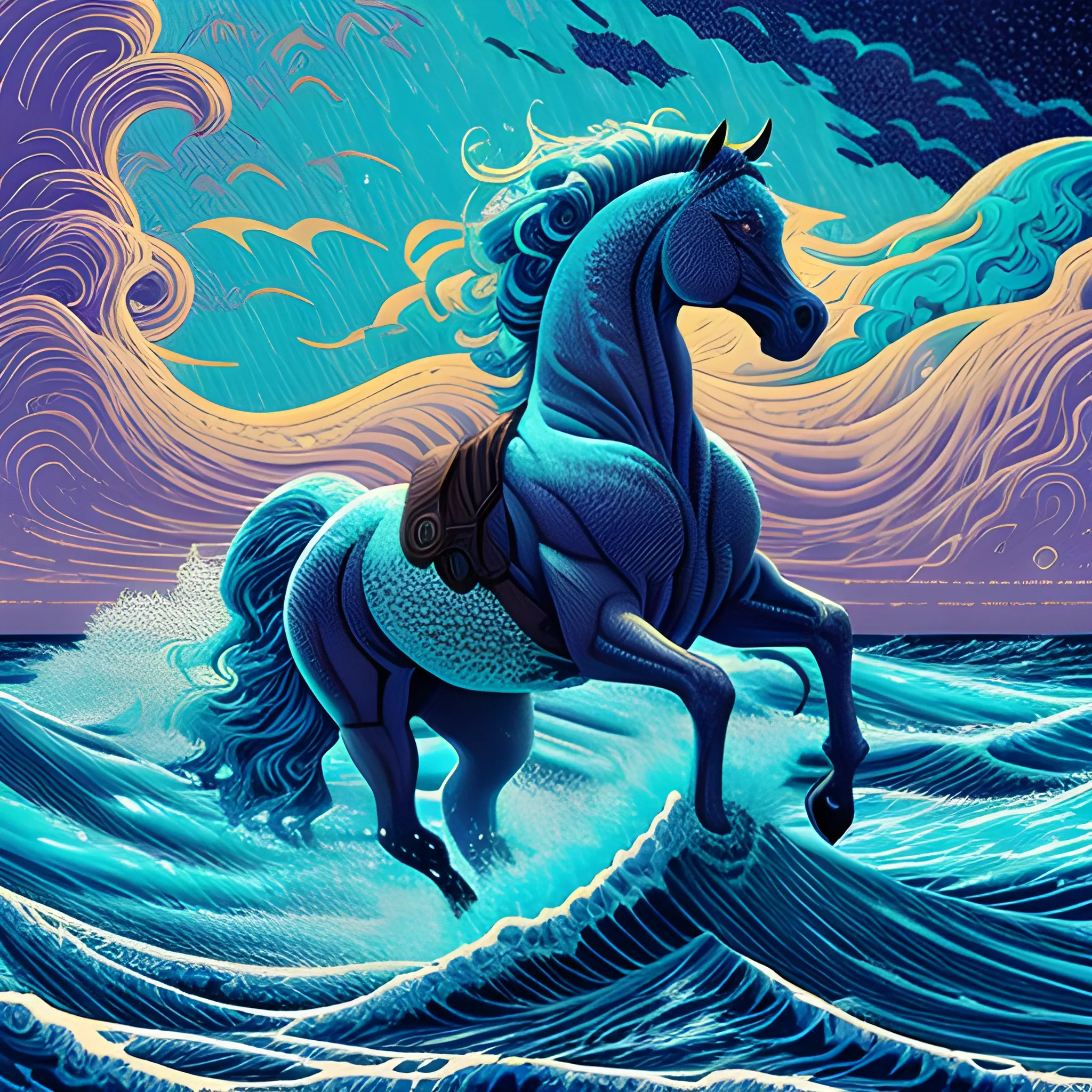 seafoam horses leap from ocean waves, imposing, ominous ocean wa ...