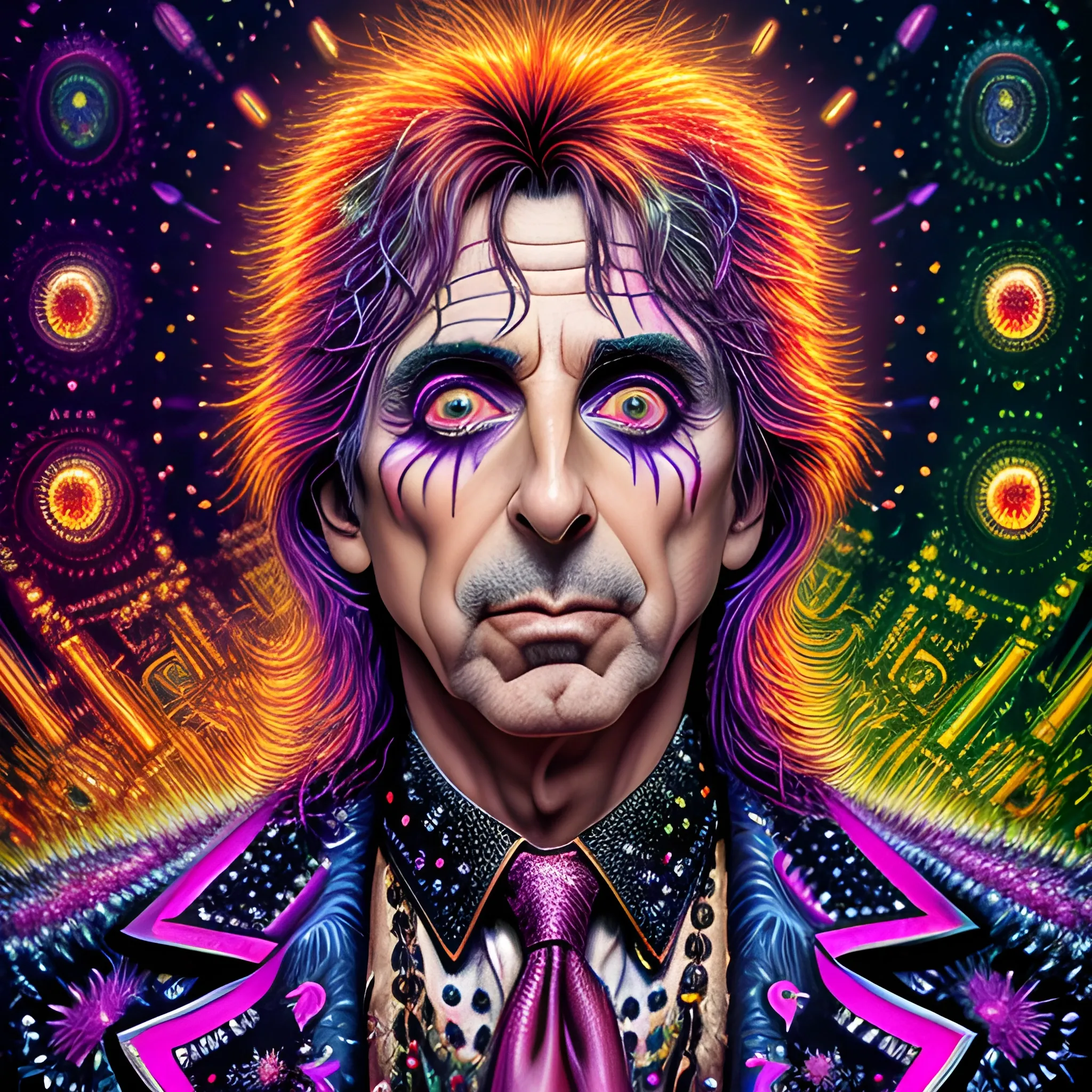 hyperdetailed oil on canvas, Alice Cooper, his handsome perfect, precisely detailed face, orange, pink, purple, luminous colorful sparkles, by James R. Eads, Gawki, rajewel, Tania Rivilis, Dan Mumford, glitter, airbrush, Octane Render, elegant, volumetric lighting, 16k