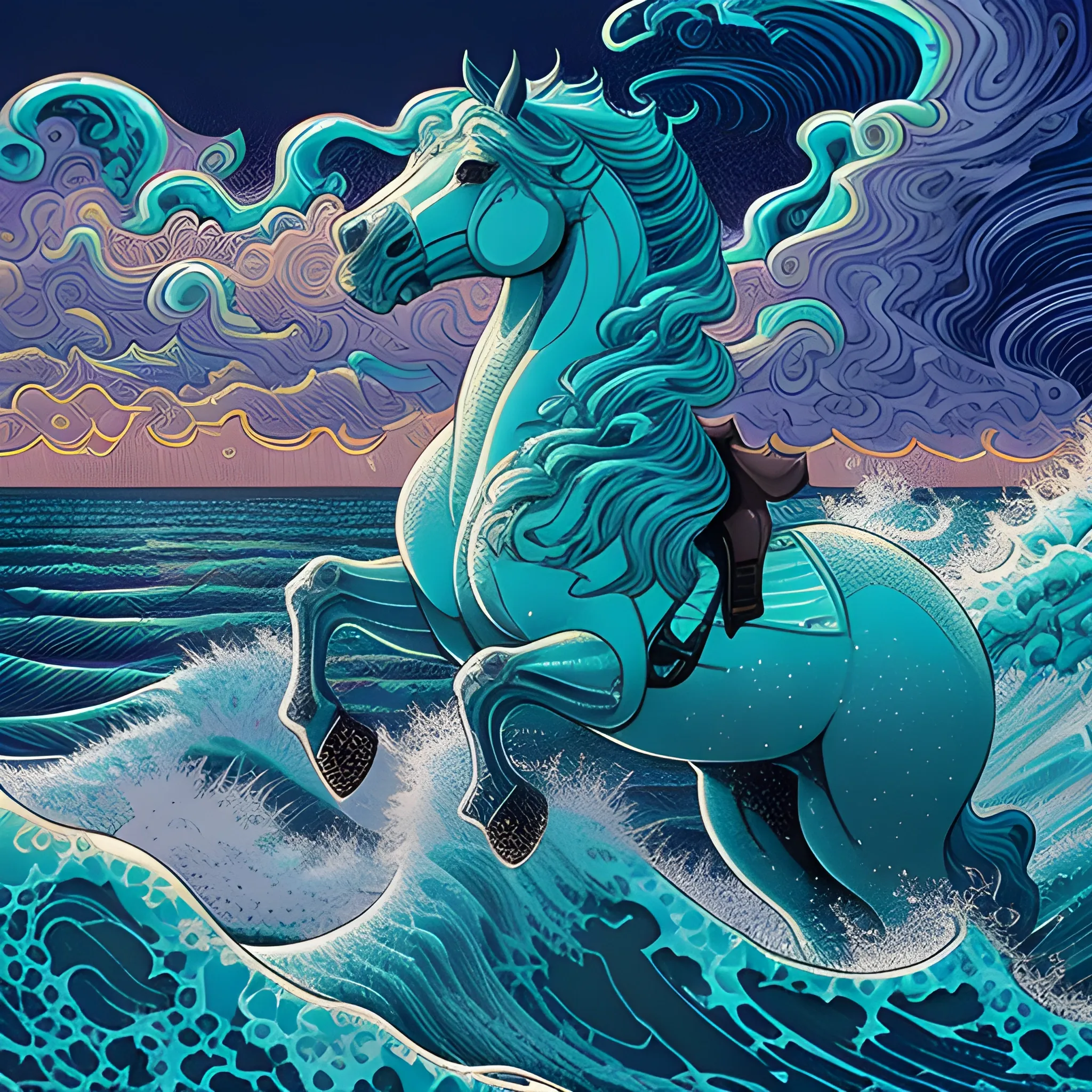 seafoam horses leap from ocean waves, imposing, ominous ocean waves, color, mixed media; James R. Eads, Edwin Georgi, ismaComics, rajewel, Norman Saunders, Dan Mumford, dystopian, stark, eldritch, stygian, luminous colorful sparkles, glitter, airbrush, depth of field, CryEngine, volumetric lighting