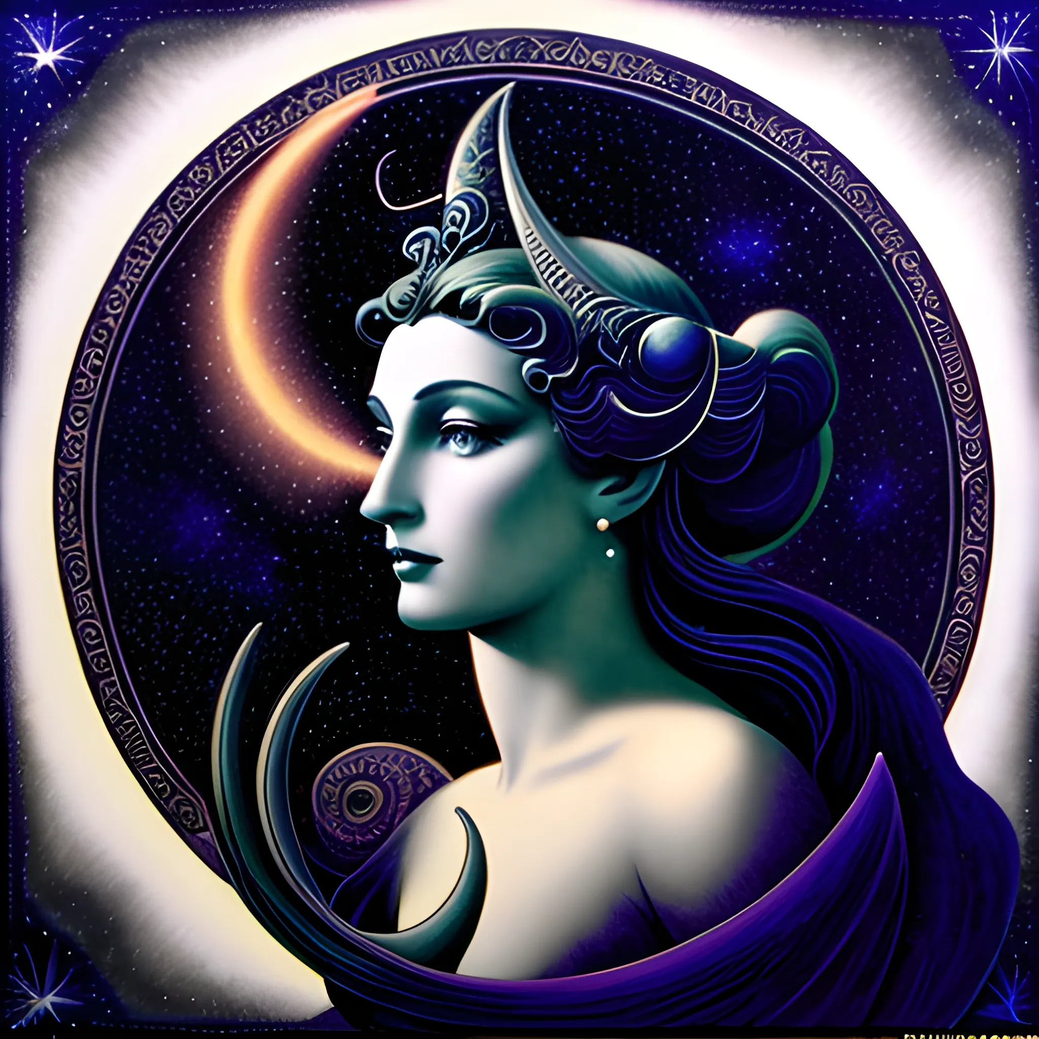 Nyx Goddess of the Night with a crescent moon and many stars in the style of Maxfield Parrish