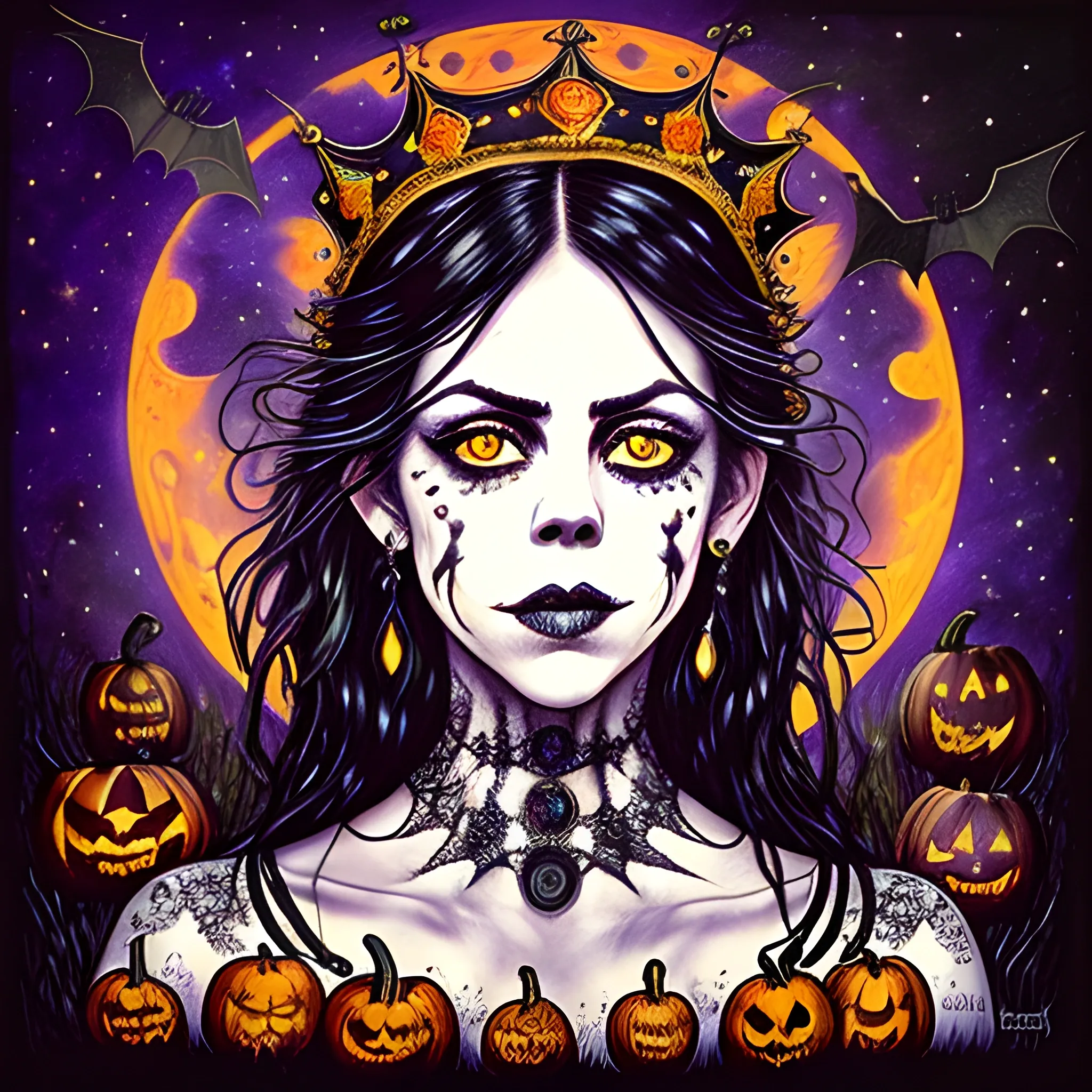 finely detailed eyes, Fairuza Balk as a Halloween Witch with an ornate Halloween themed crown, mixed media, complimentary color, the starry night background, pumpkins, bats, full moon under a nebula sky; in the art style of Kaethe Butcher, Pierre-Auguste Renoir. beautiful lights, luminous color sparkles, glitter, effulgent light