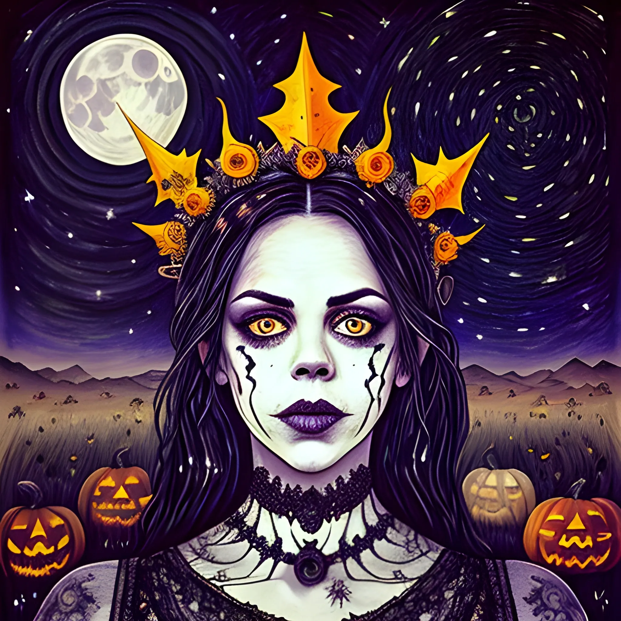 finely detailed eyes, Fairuza Balk as a Halloween Witch with an ornate Halloween themed crown, mixed media, complimentary color, the starry night background, pumpkins, bats, full moon under a nebula sky; in the art style of Kaethe Butcher, Pierre-Auguste Renoir. beautiful lights, luminous color sparkles, glitter, effulgent light