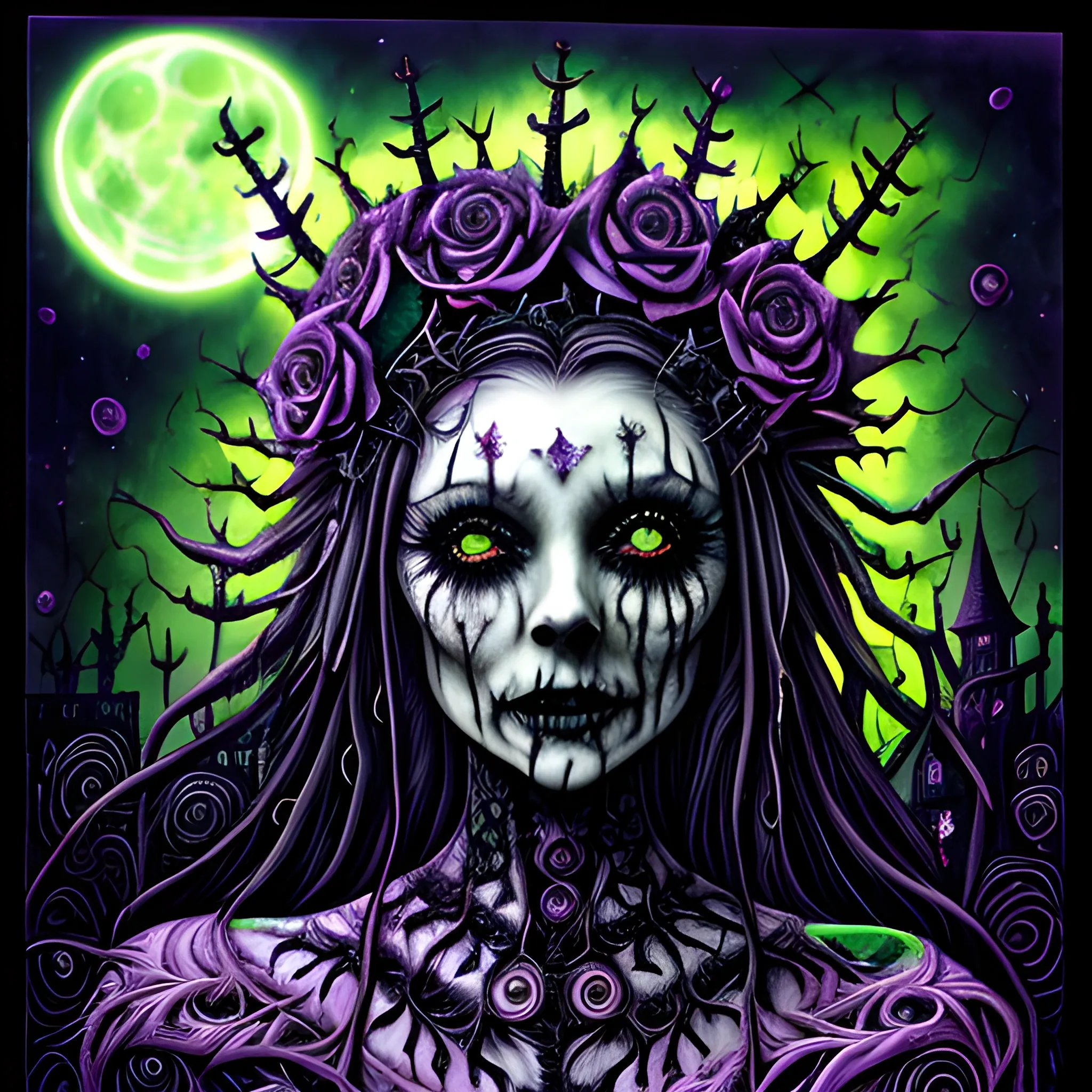 a woman wearing a thorny crown of black roses and weeping black tears, Halloween, bats, full moon in a nebula sky, neon spray paint, acrylic paint, fantastical surrealist world, in the style of Stephen Gammell, extremely detailed Zentangle style, sick, gothic, eldritch, candles, neon grape purple, dayglo orange, chartreuse green, Halloween