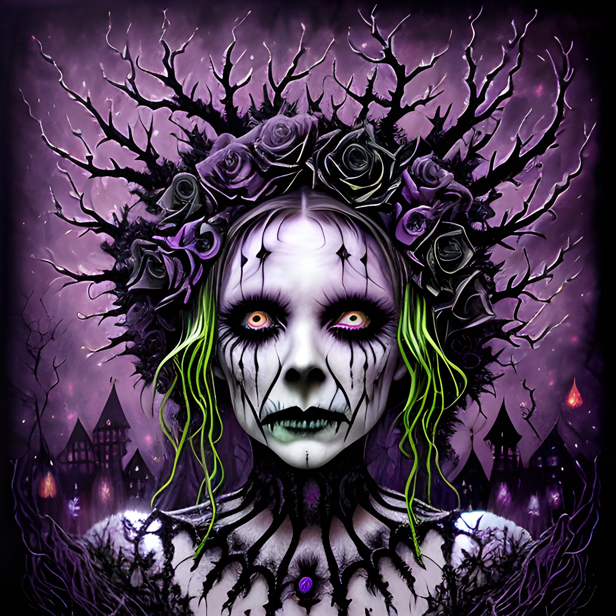 a woman wearing a thorny crown of black roses and weeping black tears, Halloween, bats, full moon in a nebula sky, neon spray paint, acrylic paint, fantastical surrealist world, in the style of Stephen Gammell, extremely detailed Zentangle style, sick, gothic, eldritch, candles, neon grape purple, dayglo orange, chartreuse green, Halloween