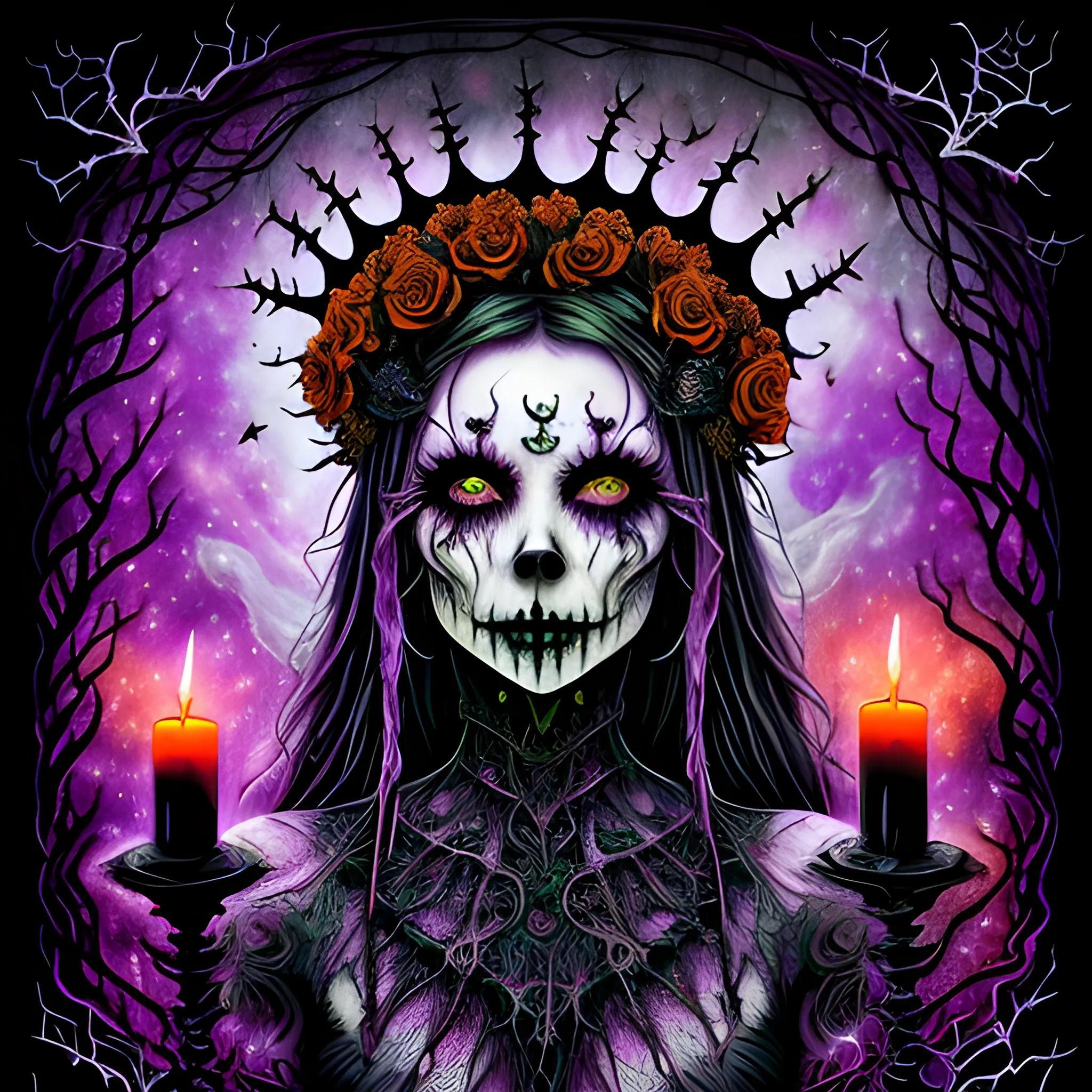 a woman wearing a thorny crown of black roses and weeping black tears, Halloween, bats, full moon in a nebula sky, neon spray paint, acrylic paint, fantastical surrealist world, in the style of Stephen Gammell, extremely detailed Zentangle style, sick, gothic, eldritch, candles, neon grape purple, dayglo orange, chartreuse green, Halloween