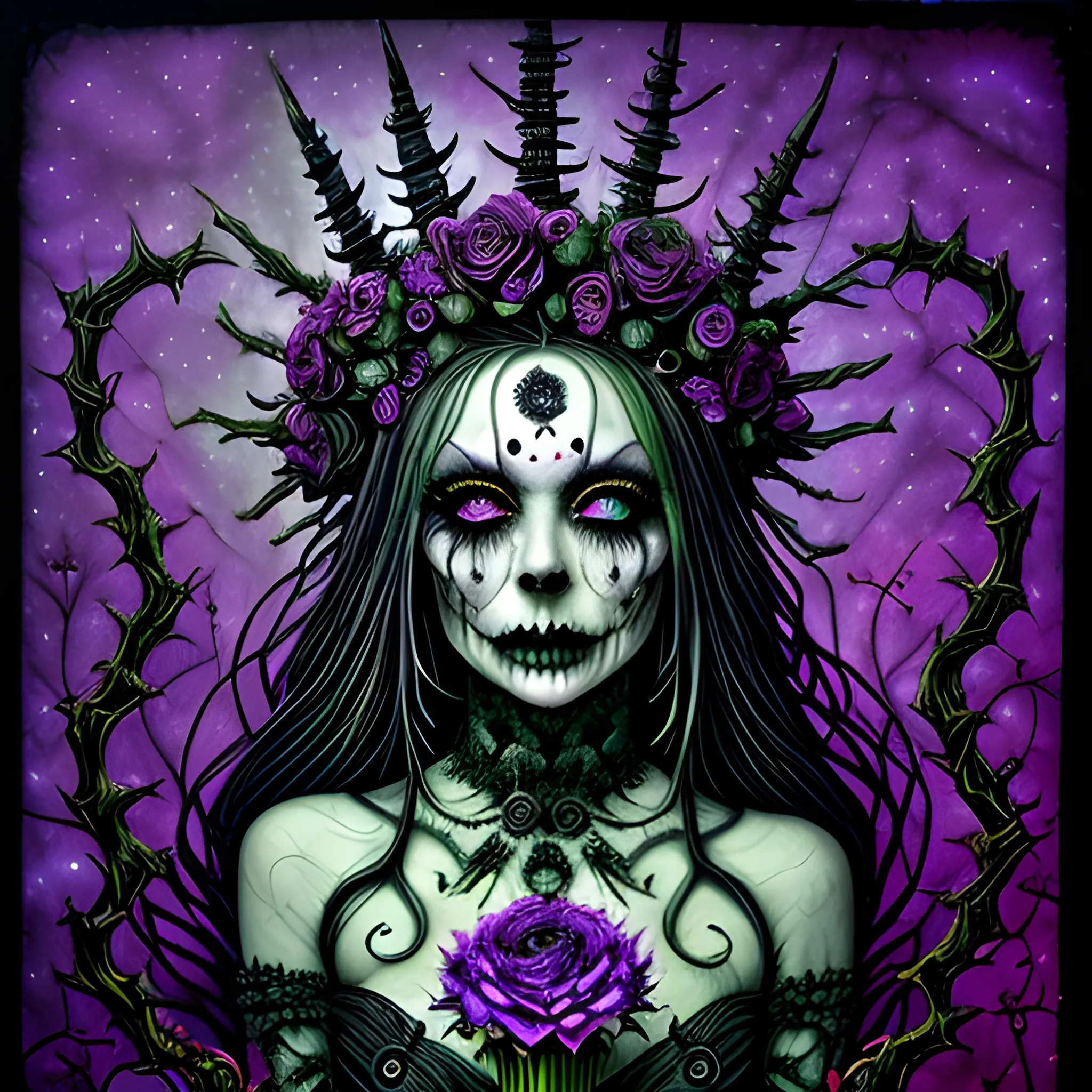 a woman wearing a thorny crown of black roses and weeping black tears, Halloween, bats, full moon in a nebula sky, neon spray paint, acrylic paint, fantastical surrealist world, in the style of Stephen Gammell, extremely detailed Zentangle style, sick, gothic, eldritch, candles, neon grape purple, dayglo orange, chartreuse green, Halloween