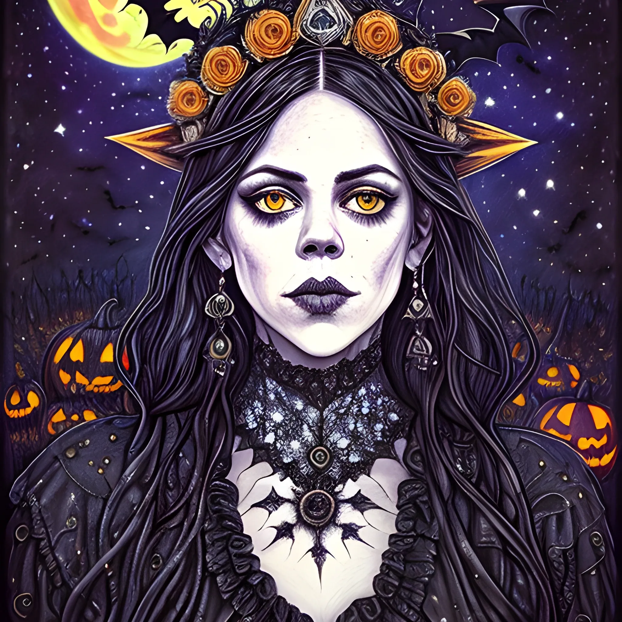 finely detailed eyes, Fairuza Balk as a Halloween Witch with an ornate Halloween themed crown, mixed media, complimentary color, the starry night background, pumpkins, bats, full moon under a nebula sky; in the art style of Kaethe Butcher, Pierre-Auguste Renoir. beautiful lights, luminous color sparkles, glitter, effulgent light