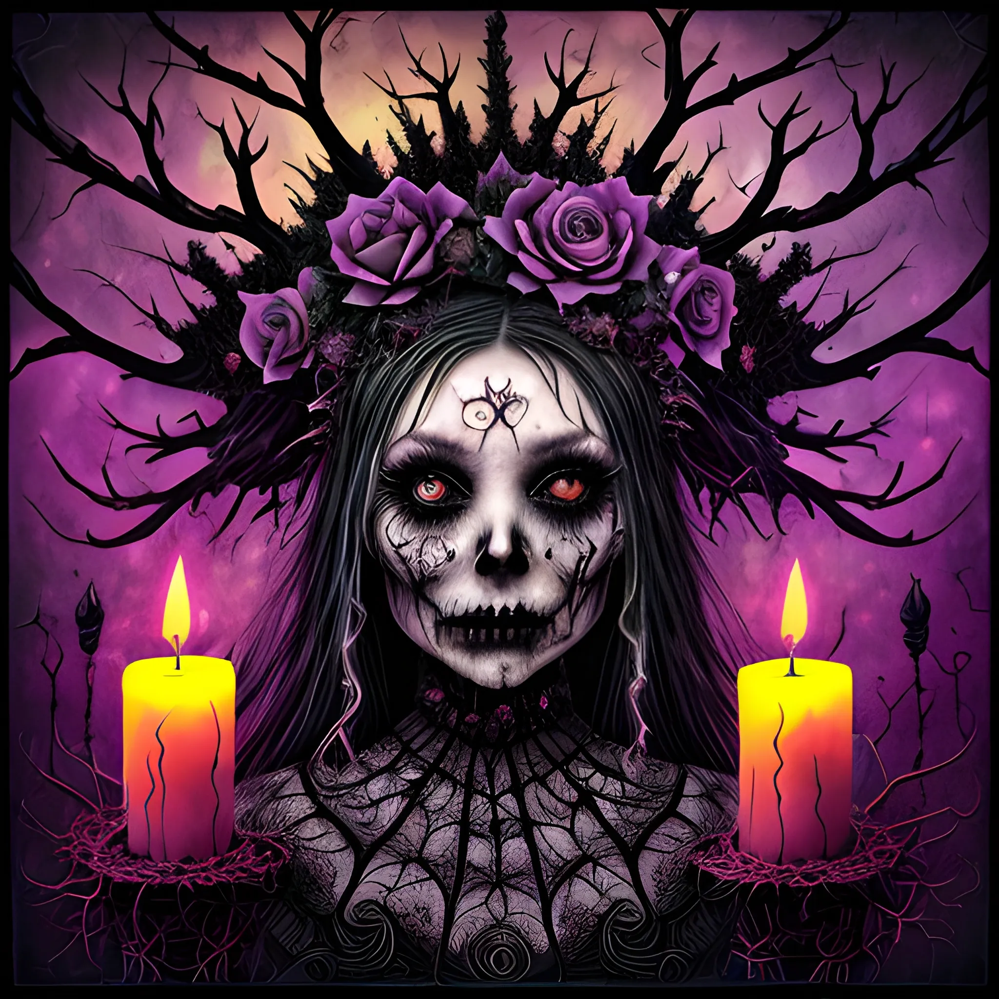 a woman wearing a thorny crown of black roses and weeping black tears, Halloween, bats, full moon in a nebula sky, neon spray paint, acrylic paint, fantastical surrealist world, in the style of Stephen Gammell, extremely detailed Zentangle style, sick, gothic, eldritch, candles, neon grape purple, dayglo orange, chartreuse green, Halloween