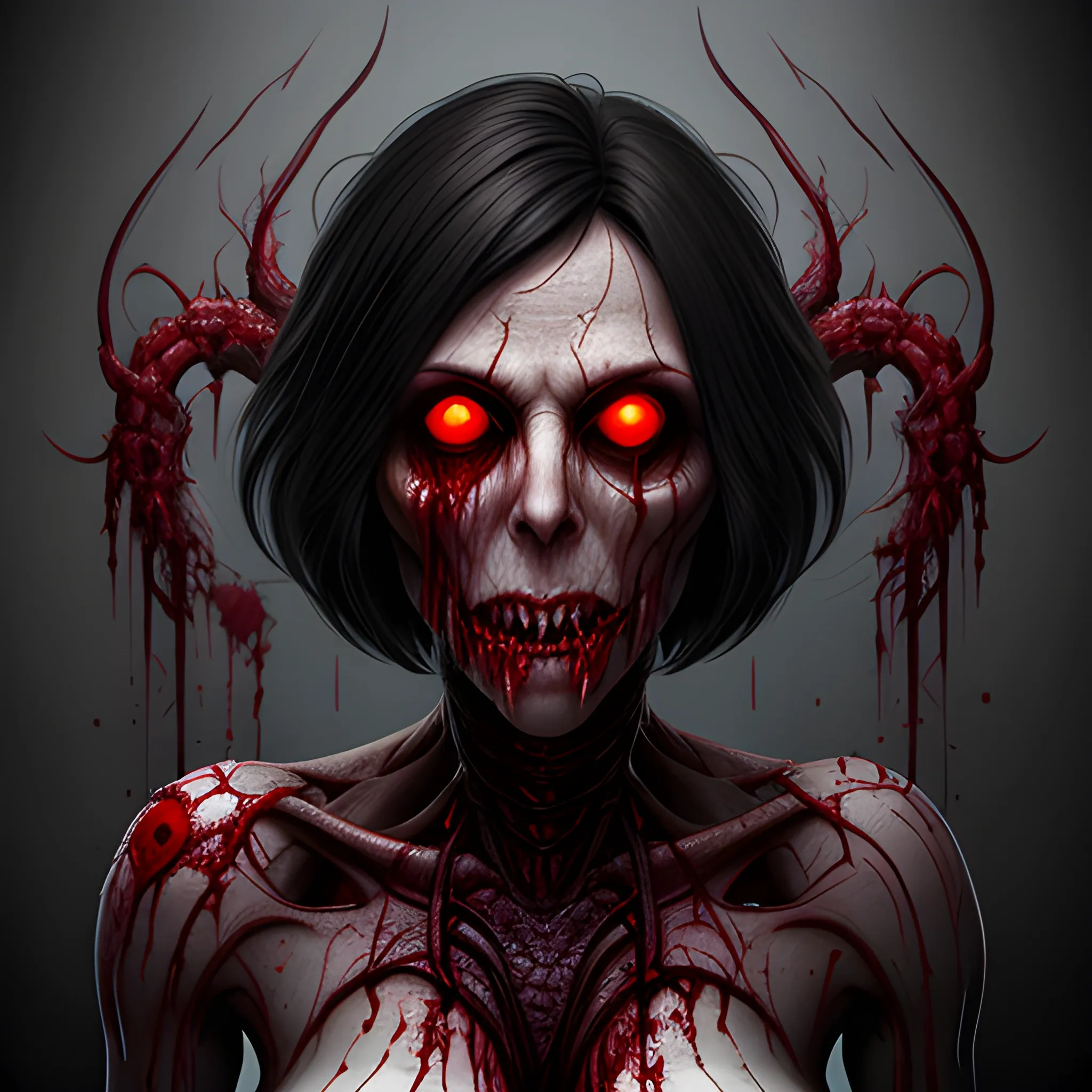 cute petite sunflower gothic pixie girl with short dark shaggy hair, body mutilation gore chopped flesh 8k resolution concept art Eldritch hyperdetailed dynamic lighting ominous horror, hollowed eyes, blood dripping, photorealistic, surreal 