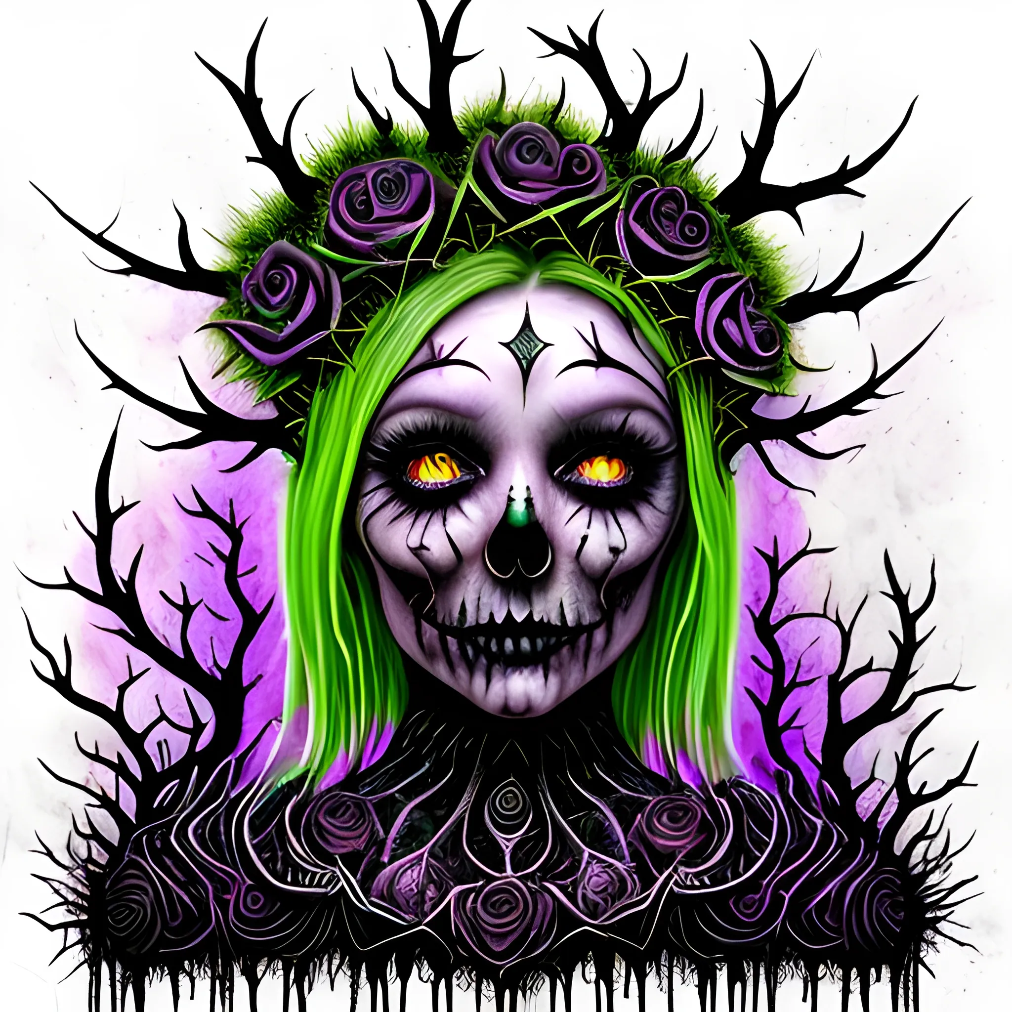 a woman wearing a thorny crown of black roses and weeping black tears, Halloween, bats, full moon in a nebula sky, neon spray paint, acrylic paint, fantastical surrealist world, in the style of Stephen Gammell, extremely detailed Zentangle style, sick, gothic, eldritch, candles, neon grape purple, dayglo orange, chartreuse green, Halloween