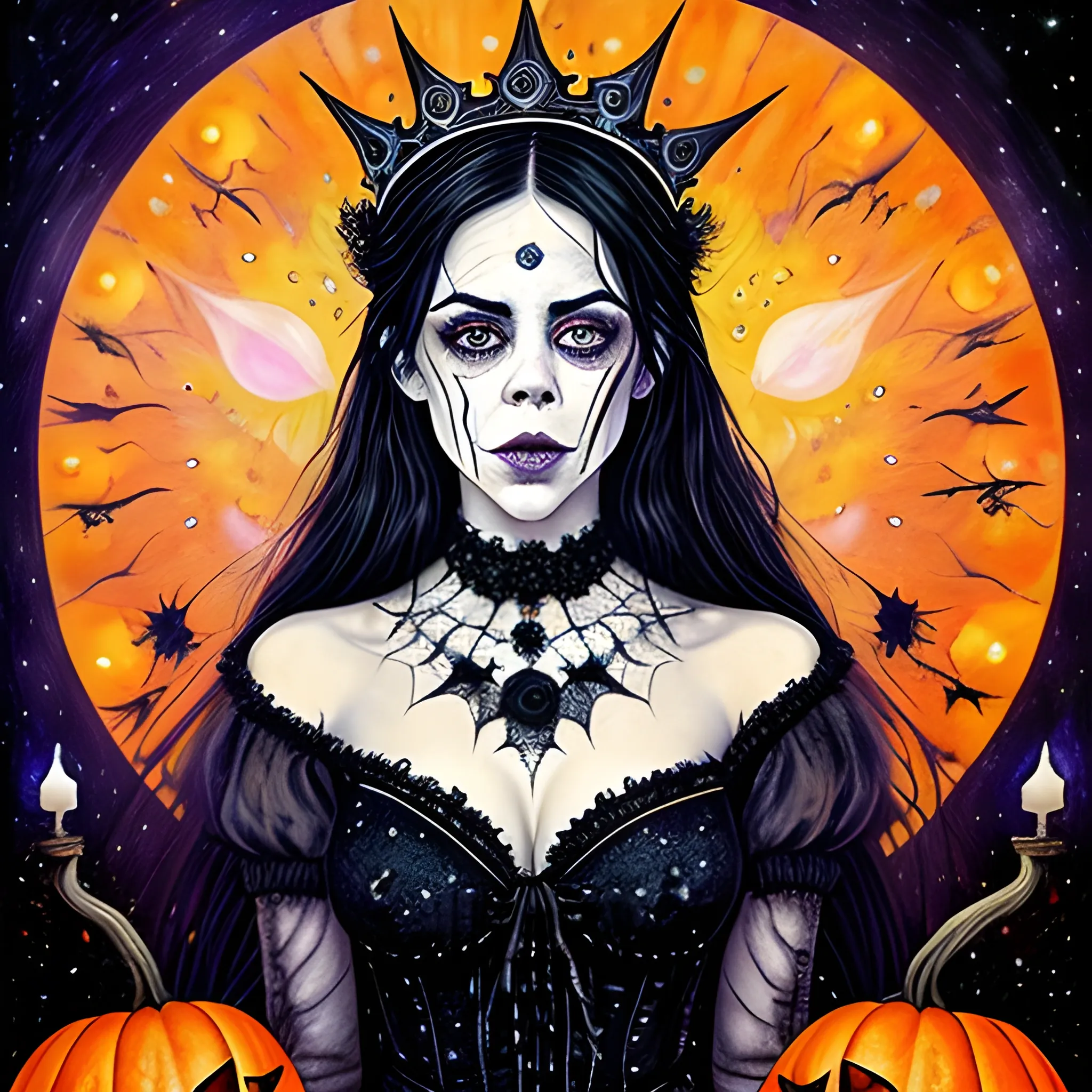 finely detailed eyes, Fairuza Balk as a Halloween Witch with an ornate Halloween themed crown, mixed media, complimentary color, the starry night background, pumpkins, bats, full moon under a nebula sky; in the art style of Kaethe Butcher, Pierre-Auguste Renoir. beautiful lights, luminous color sparkles, glitter, effulgent light
