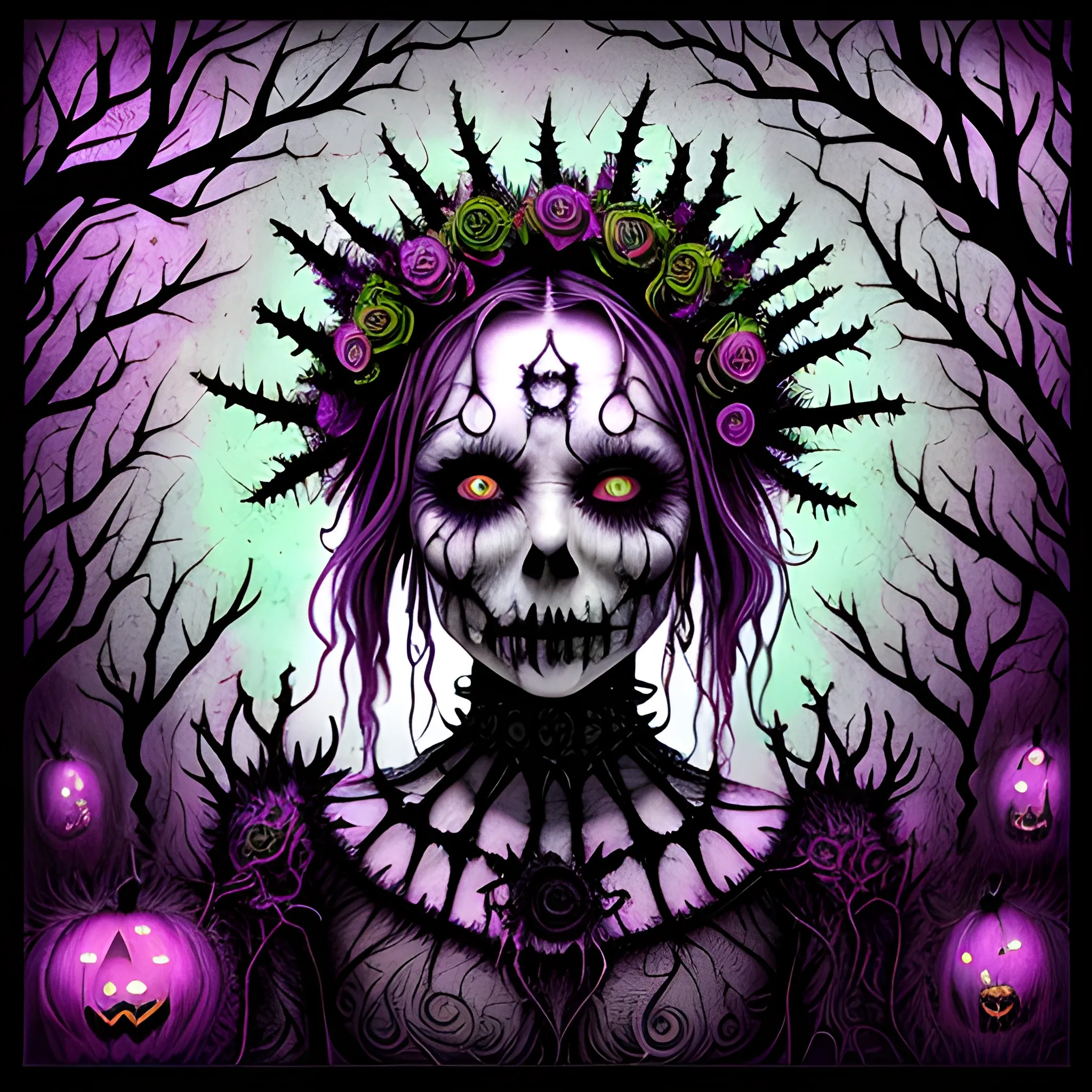 a woman wearing a thorny crown of black roses and weeping black tears, Halloween, bats, full moon in a nebula sky, neon spray paint, acrylic paint, fantastical surrealist world, in the style of Stephen Gammell, extremely detailed Zentangle style, sick, gothic, eldritch, candles, neon grape purple, dayglo orange, chartreuse green, Halloween