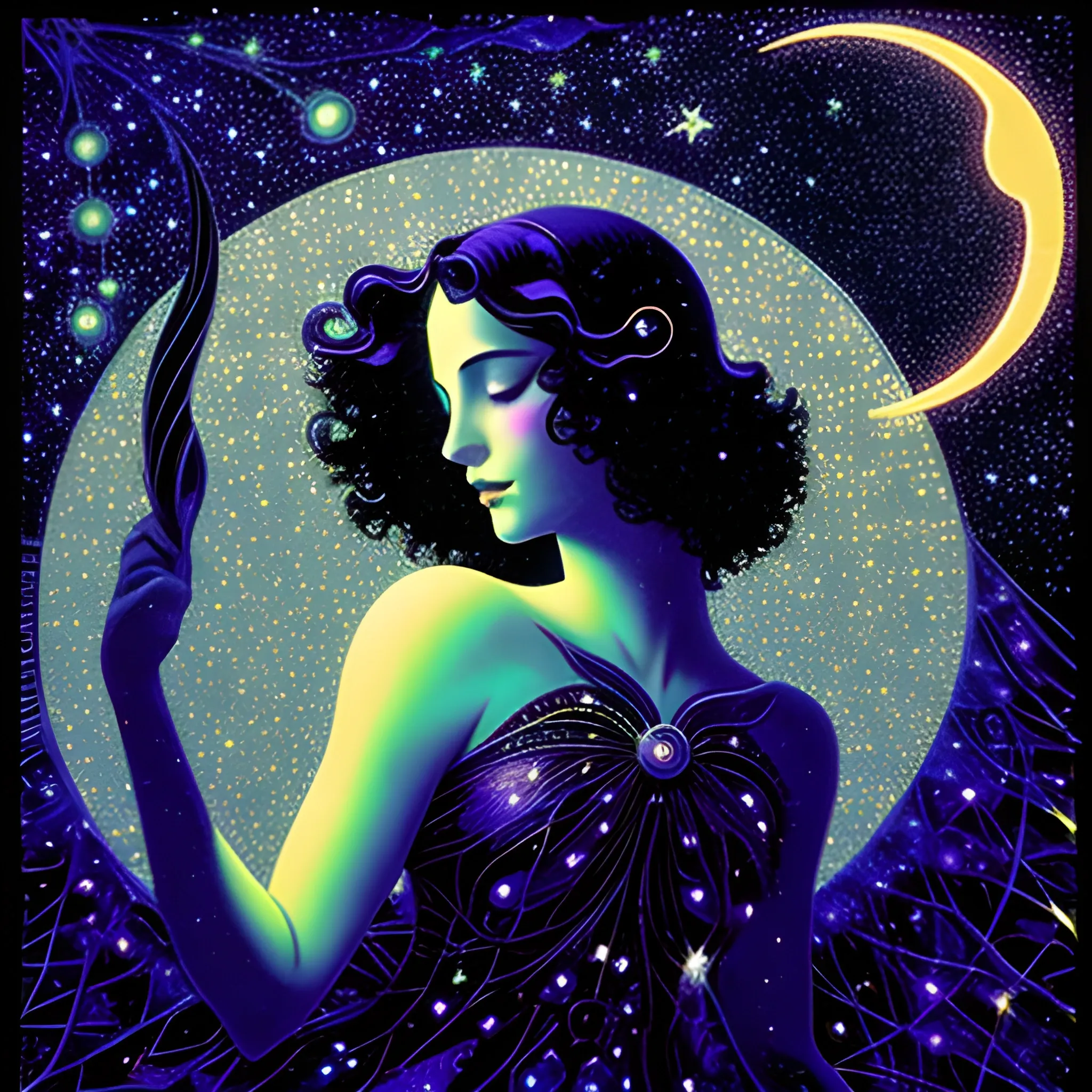 Nyx Goddess of the Night with a crescent moon and many stars in the style of Maxfield Parrish, starry night, James R. Eads