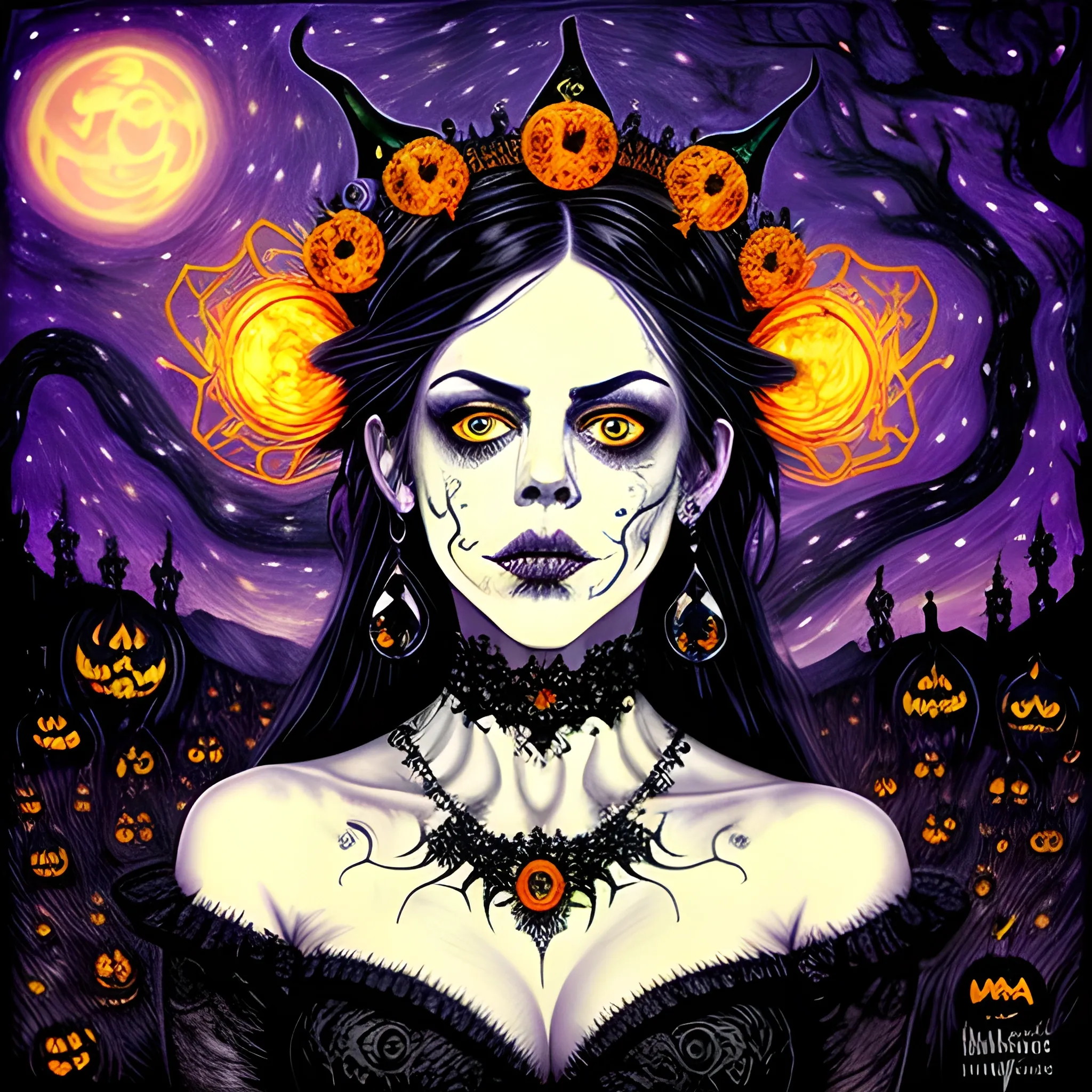 finely detailed eyes, Fairuza Balk as a Halloween Witch with an ornate Halloween themed crown, mixed media, complimentary color, the starry night background, pumpkins, bats, full moon under a nebula sky; in the art style of Kaethe Butcher, Pierre-Auguste Renoir. beautiful lights, luminous color sparkles, glitter, effulgent light