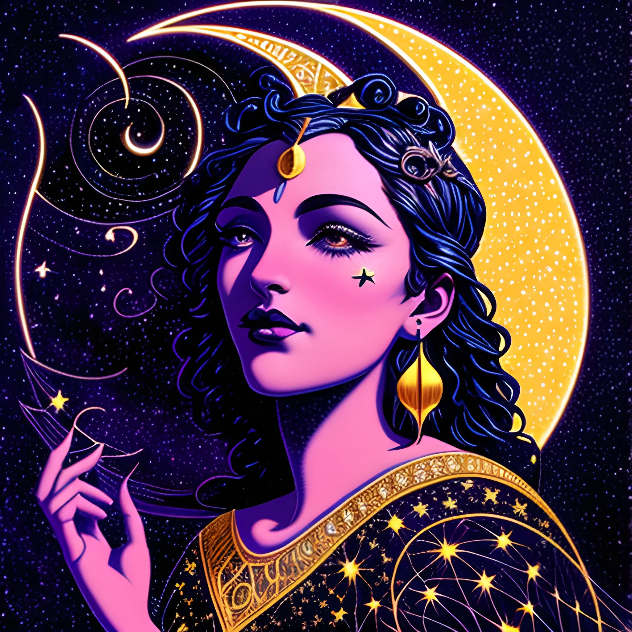 Nyx Goddess of the Night with a crescent moon and many stars in the style of Maxfield Parrish, starry night, James R. Eads