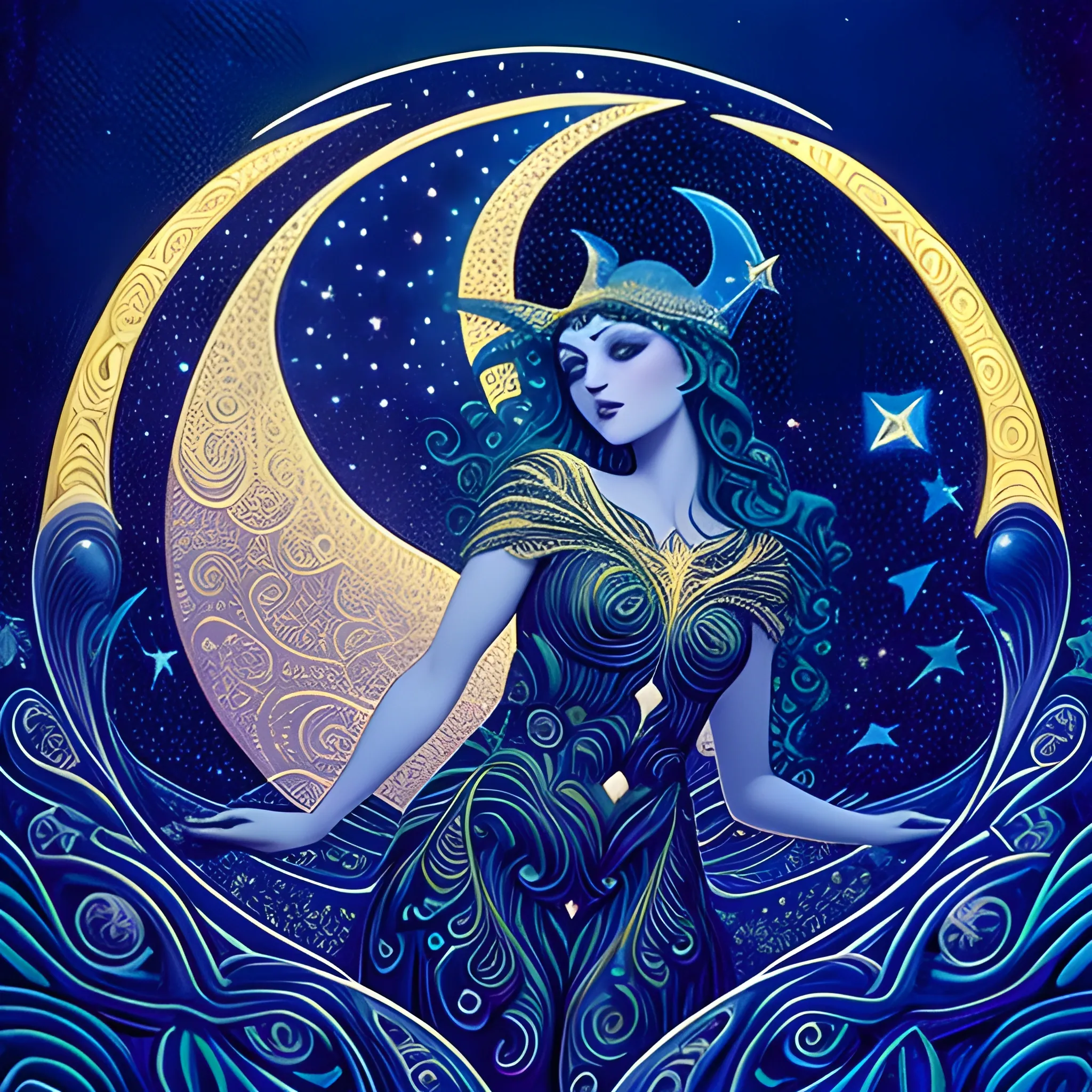 Nyx Goddess of the Night with a crescent moon and many stars in ...