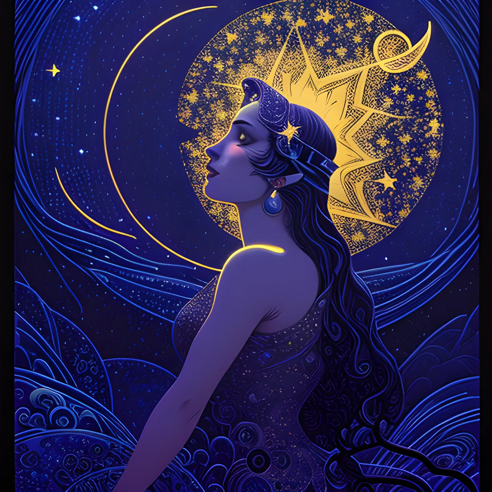 Nyx Goddess of the Night with a crescent moon and many stars in the style of Maxfield Parrish, starry night, James R. Eads