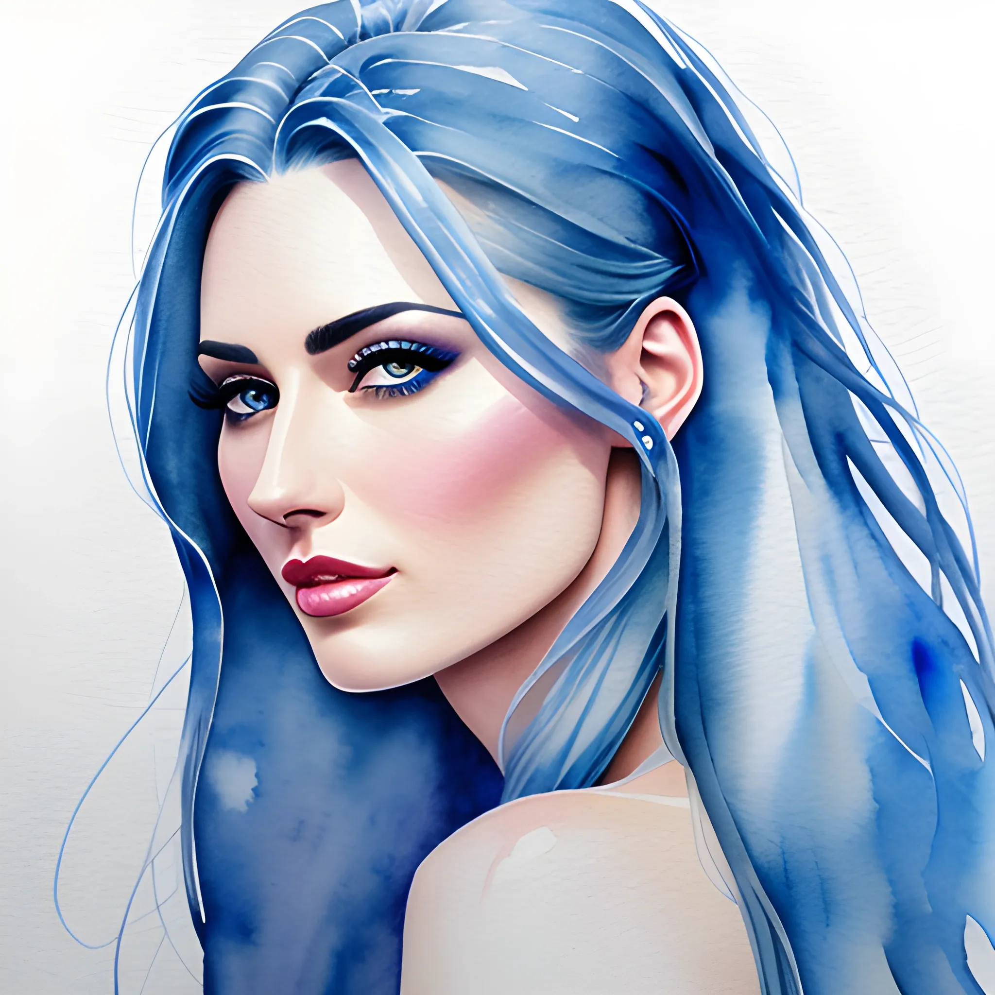 Beautiful modern girl, blue and white, long hair, portrait, hyper realistic watercolor painting, high definition