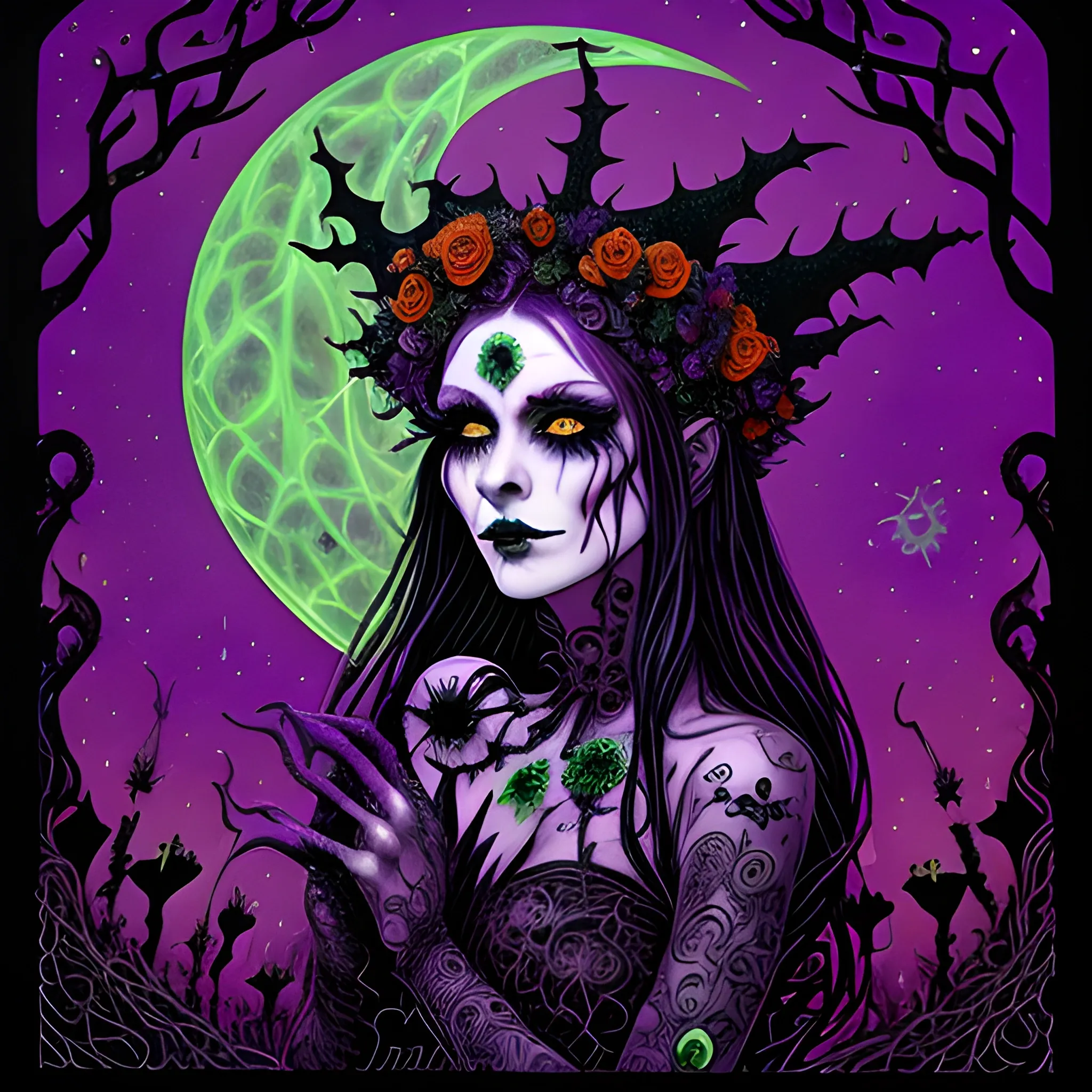 a woman wearing a thorny crown of black roses and weeping black ...