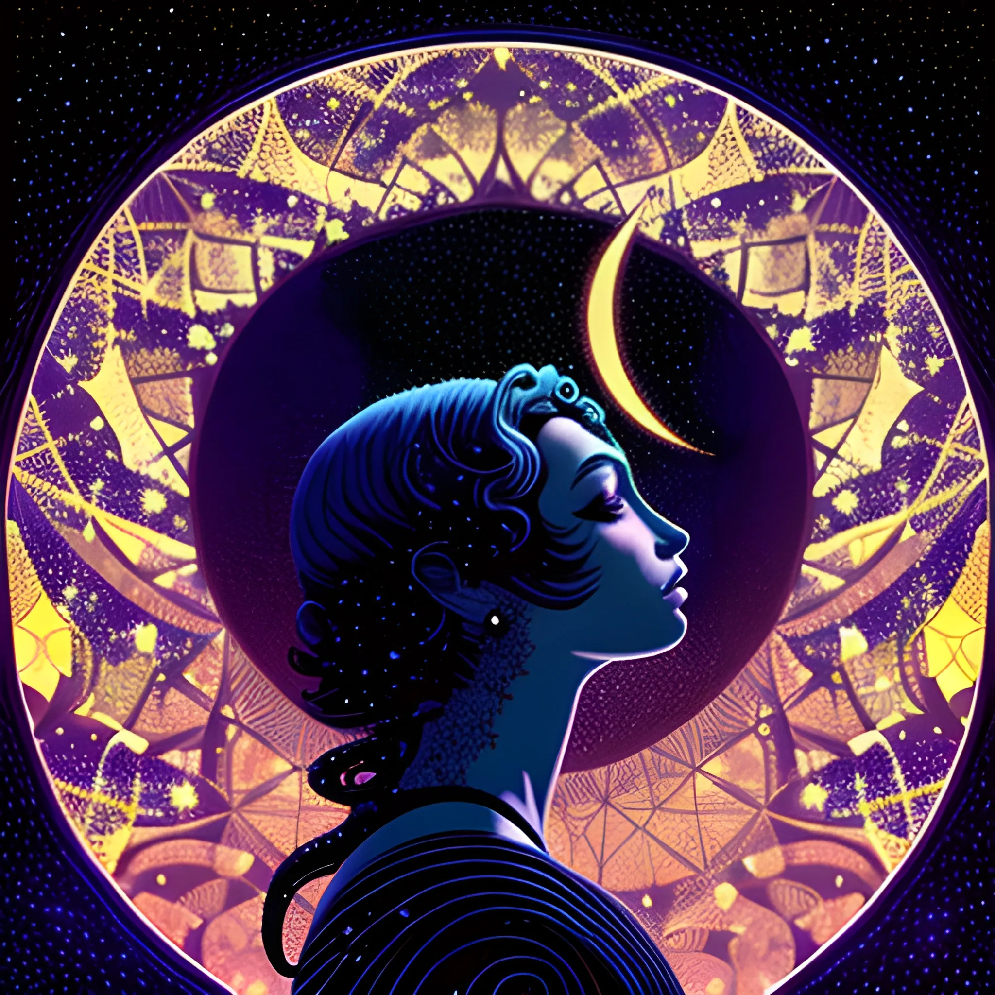 Nyx Goddess of the Night with a crescent moon and many stars in the style of Maxfield Parrish, starry night, James R. Eads