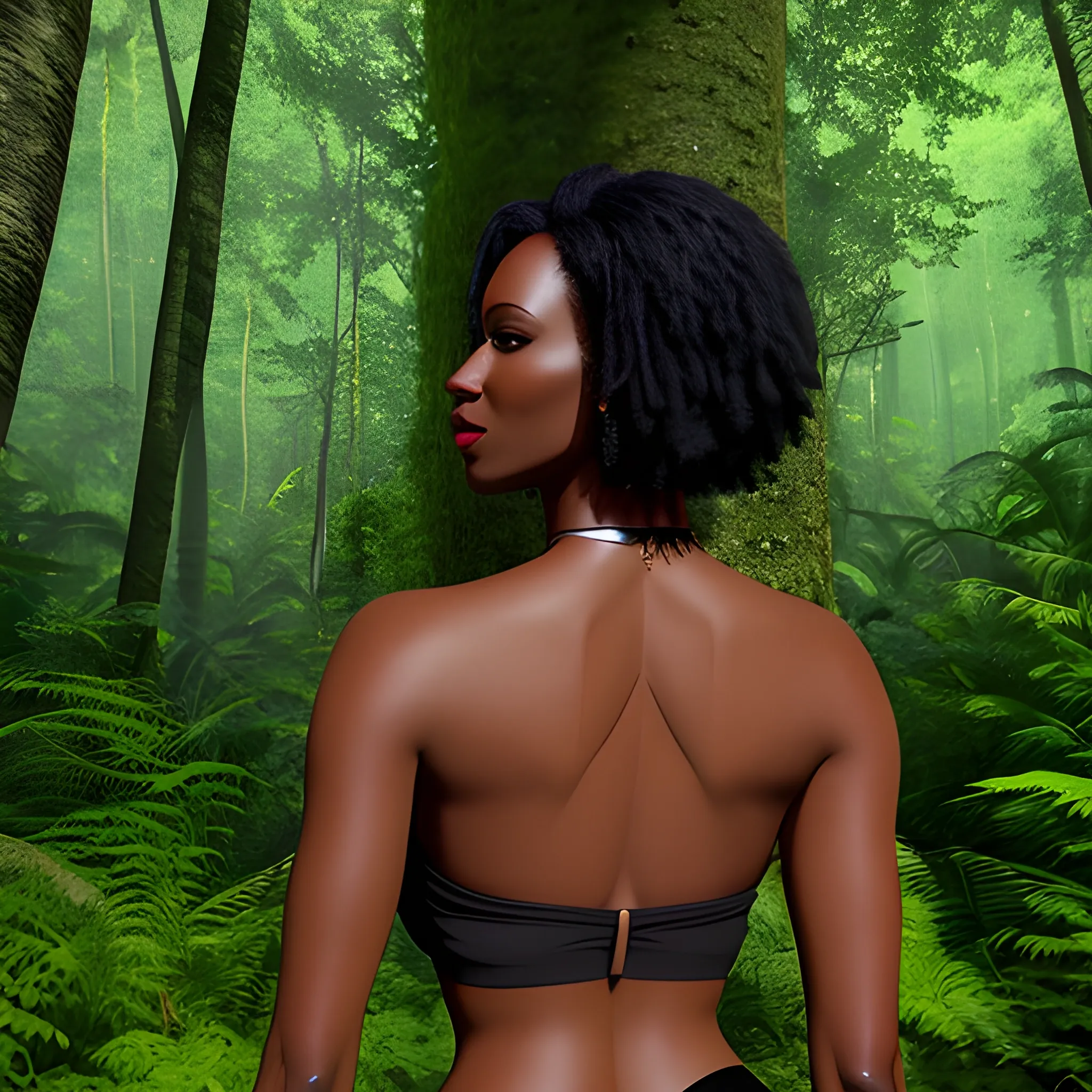 a woman in a forest with her back to the camera and a man in the background, breasts, looking_at_viewer, short_hair, multiple_girls, black_hair, 2girls, bare_shoulders, jewelry, medium_breasts, underwear, standing, panties, ass, earrings, outdoors, parted_lips, solo_focus, day, looking_back, dark_skin, from_behind, dark-skinned_female, tree, lips, crop_top, back, nature, armlet, forest, thong, realistic, bracer, 3D