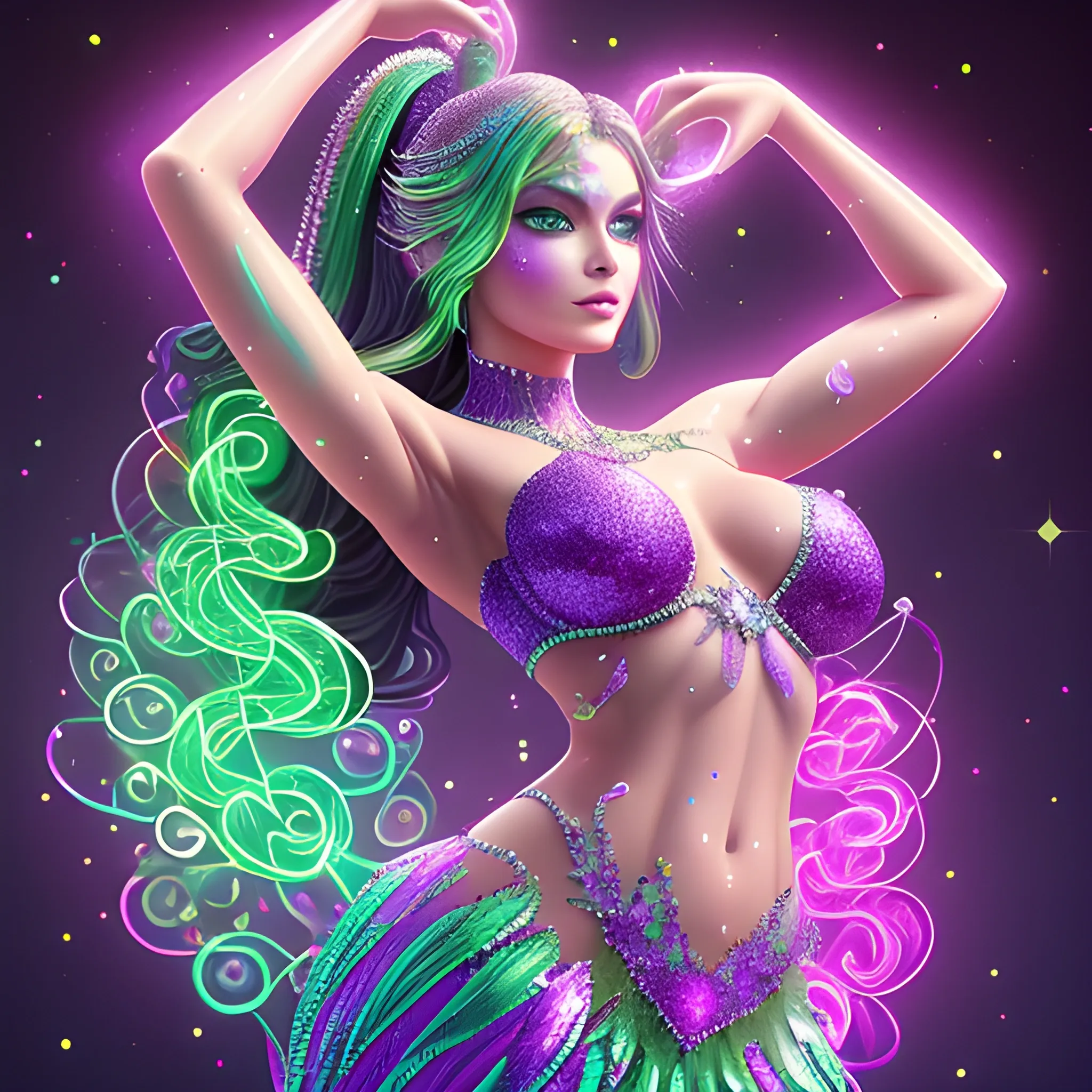 Charlotte, anatomically correct perfect body, highly detailed beautiful face, green midriff sequin dress, meticulously detailed multi-hued long dark curly hair, holding a purple crystal ball in her hand; digital painting, smooth, sharp focus, colorful illustration, art by Lisa Frank, James R. Eads, artgerm and Maxfield Parrish; luminous color sparkles, glitter, neon, airbrush, Unreal Engine