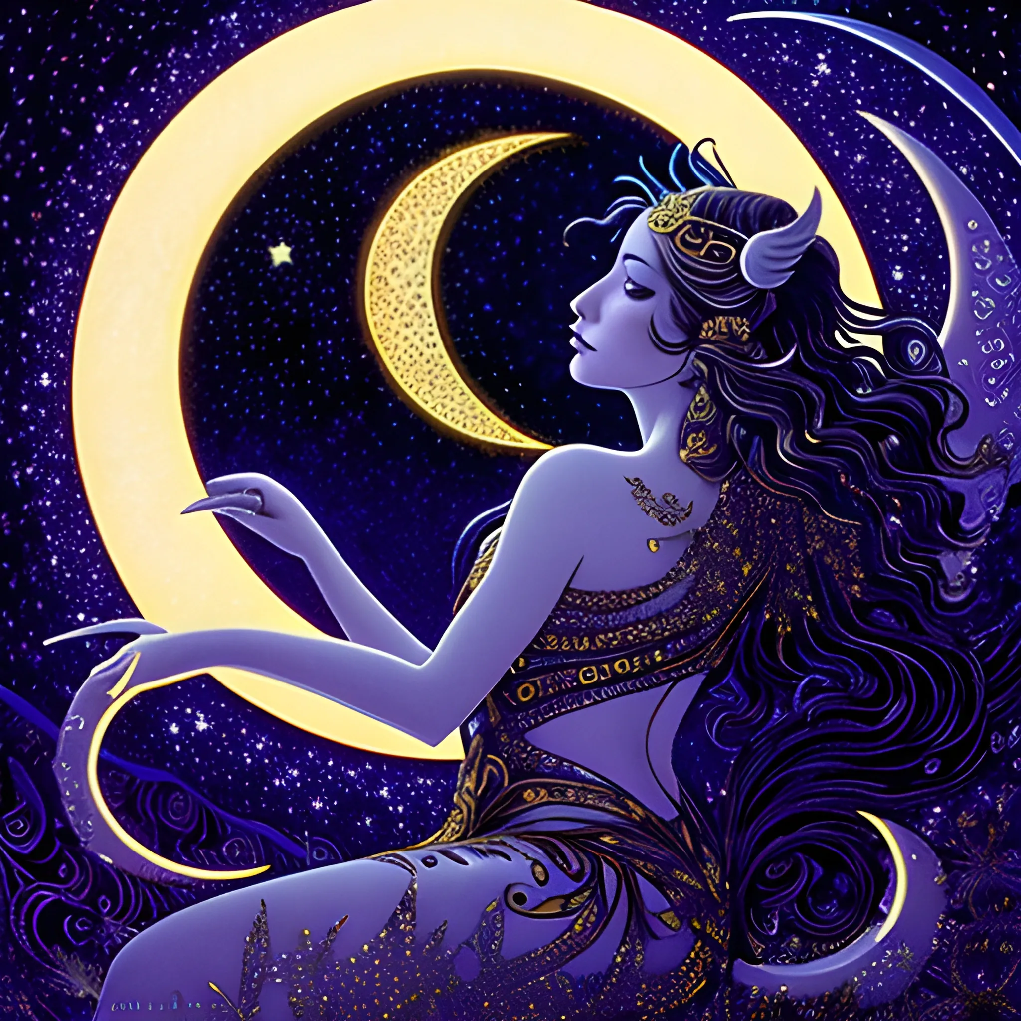 Nyx Goddess of the Night with a crescent moon and many stars in the style of Maxfield Parrish, starry night, James R. Eads