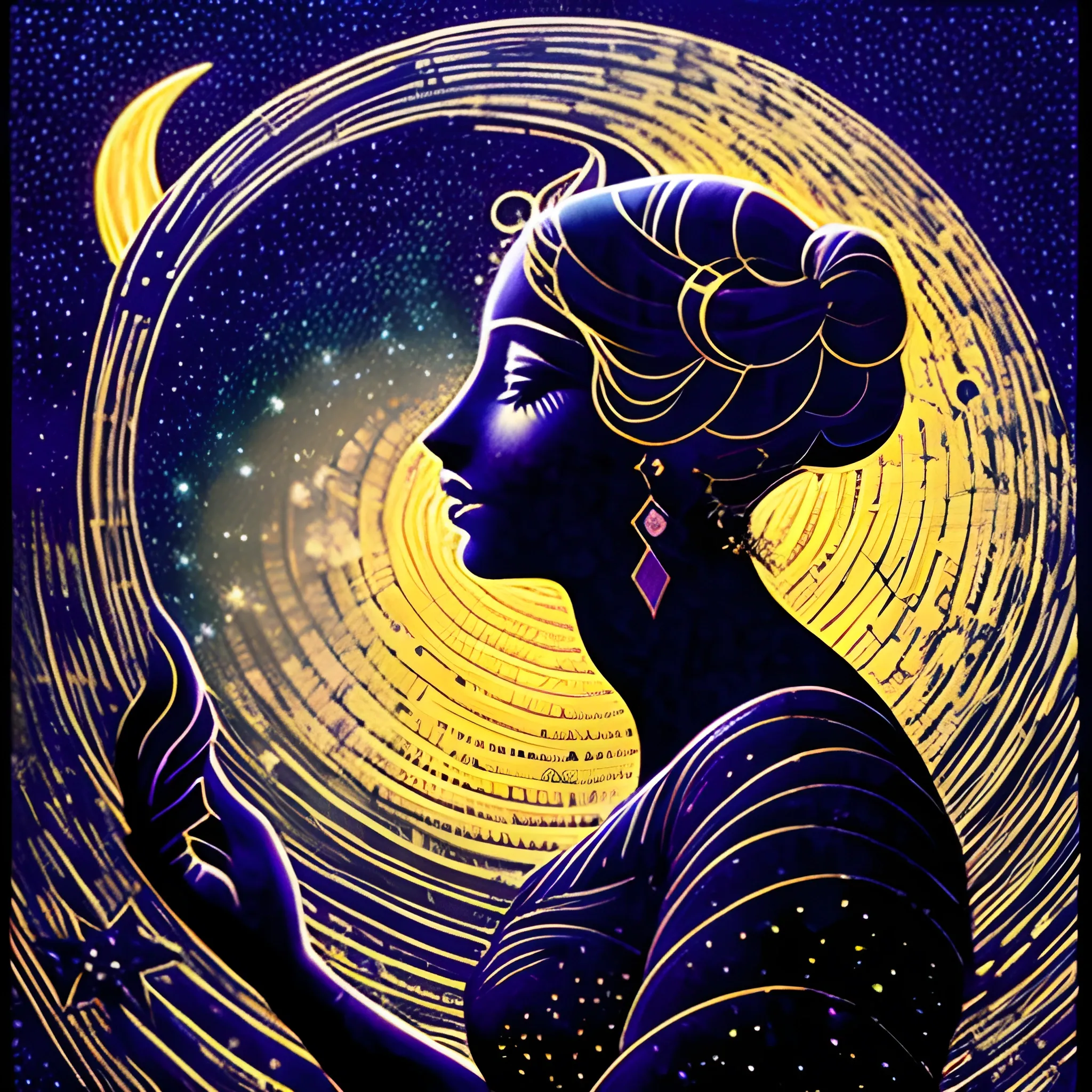 Nyx Goddess of the Night with a crescent moon and many stars in the style of Maxfield Parrish, starry night, James R. Eads