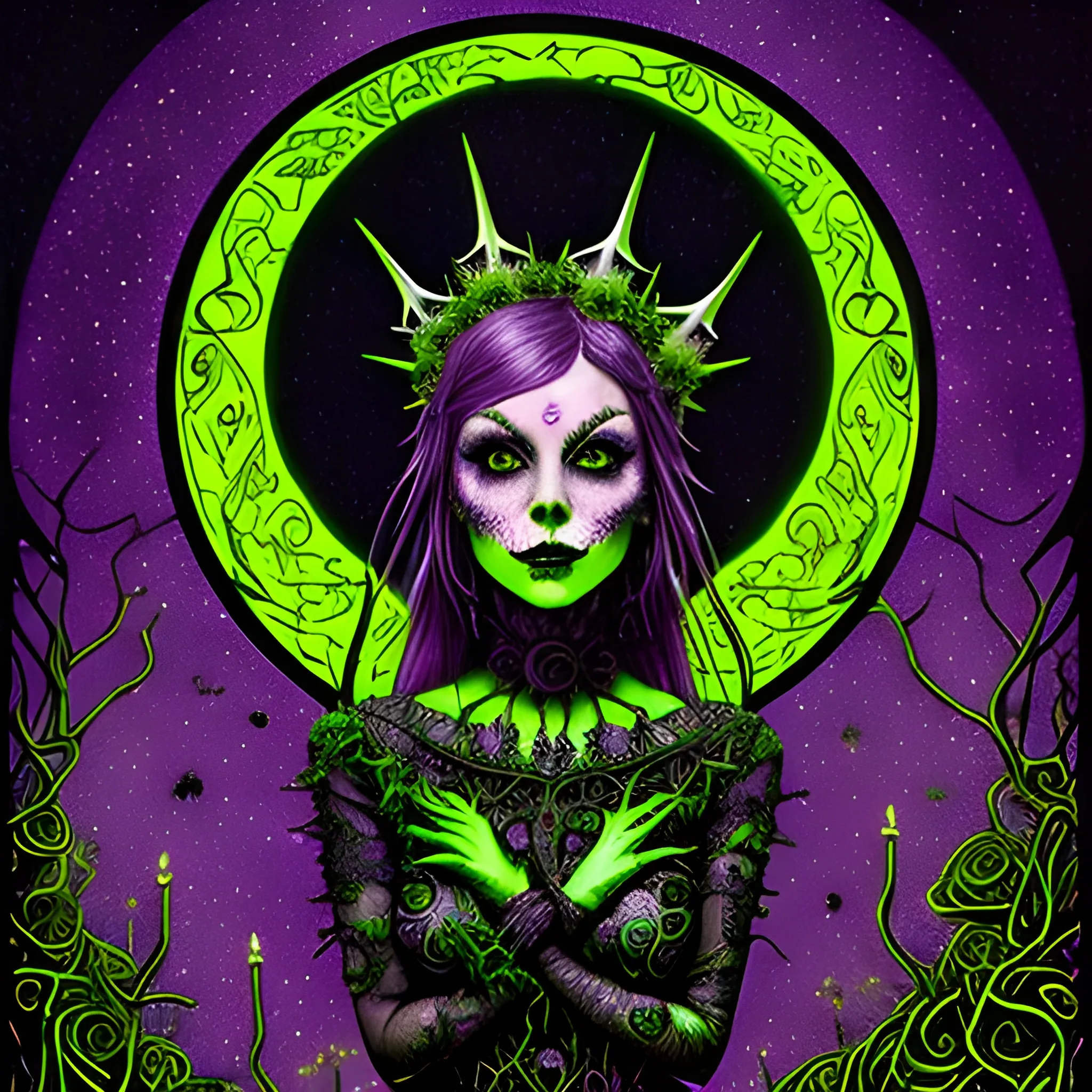 a woman wearing a thorny crown of black roses and weeping black tears, Halloween, bats, full moon in a nebula sky; perfect purple pumpkins, green skulls, orange bats, magic, candles, cobweb, spider, neon spray paint, acrylic paint, fantastical surrealist world, in the style of Stephen Gammell, extremely detailed Zentangle style, sick, gothic, eldritch, glitter, luminous color sparkles, dayglo orange, neon grape purple, chartreuse green, Halloween; Nyx Goddess of the Night with a crescent moon and many stars in the style of Maxfield Parrish, starry night, James R. Eads