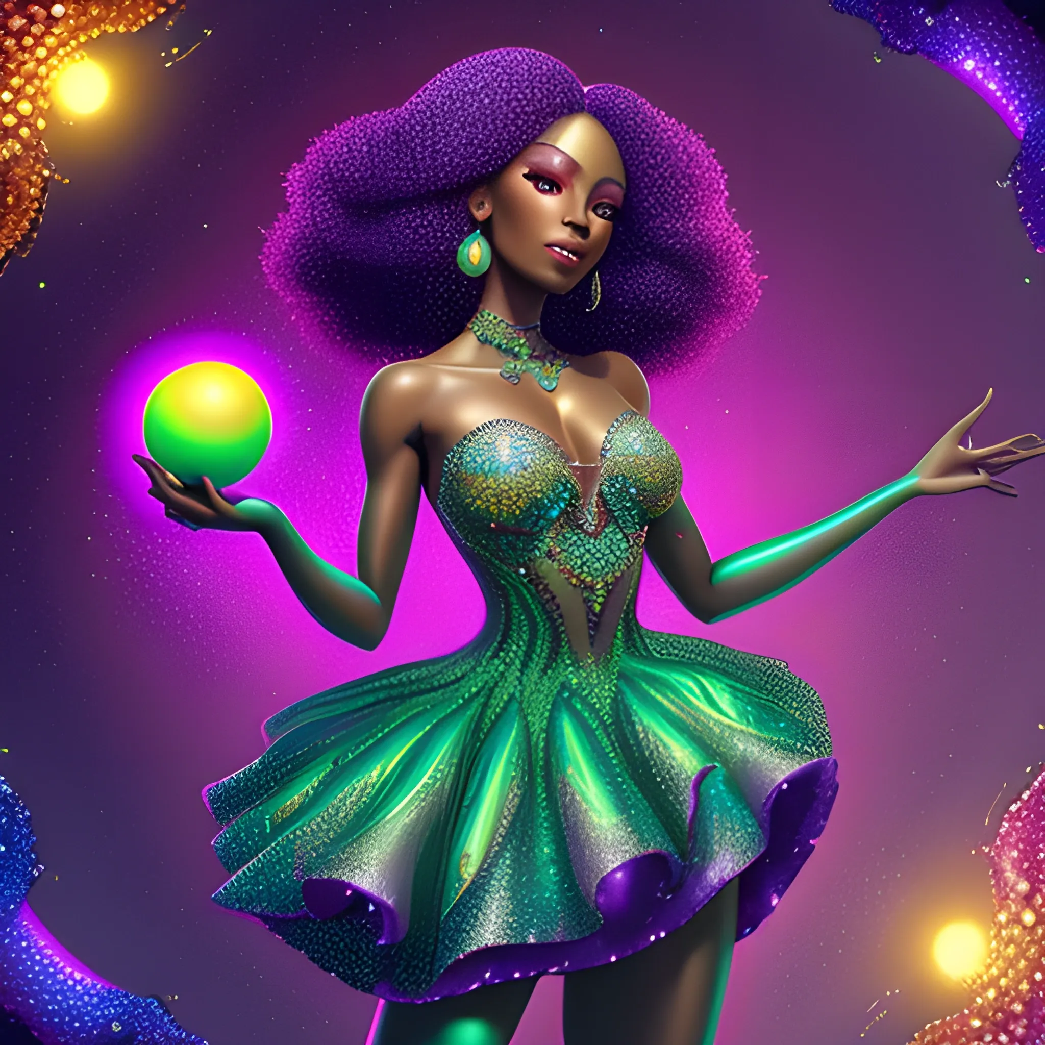Charlotte Ayanna, anatomically correct perfect body, highly detailed beautiful face, green midriff sequin dress, meticulously detailed multi-hued long dark curly hair, holding a purple crystal ball in her hand; digital painting, smooth, sharp focus, colorful illustration, art by Lisa Frank, James R. Eads, artgerm and Maxfield Parrish; luminous color sparkles, glitter, neon, airbrush, Unreal Engine