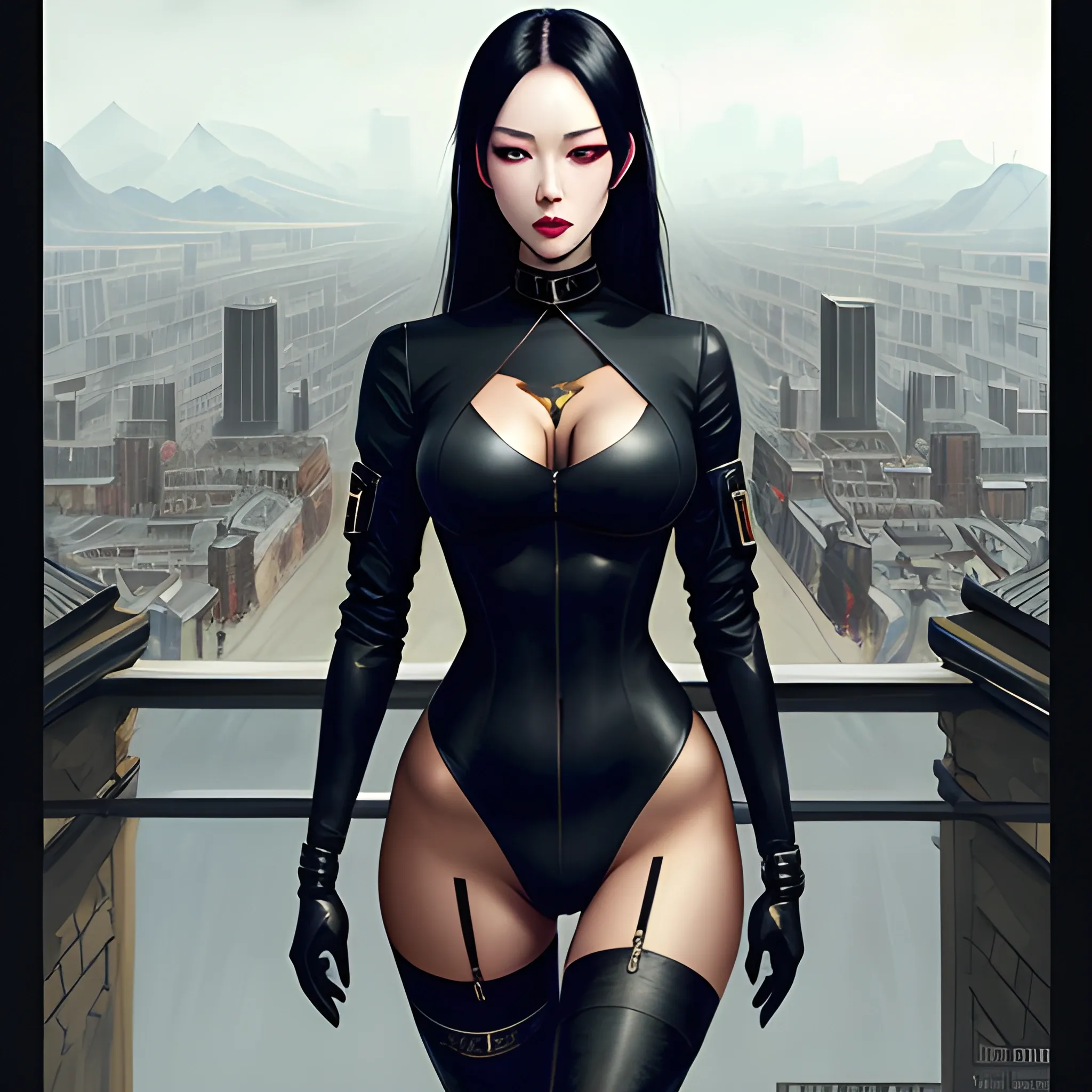 dark painting, intensive colors, military fashion shot of a Beautiful korean girl wearing black stockings , symmetric face, manga eyes, full figure, fit, tight shirt, choker, postapocaliptic ruined city landscape, sinister art by Greg Rutkowski, Oil Painting