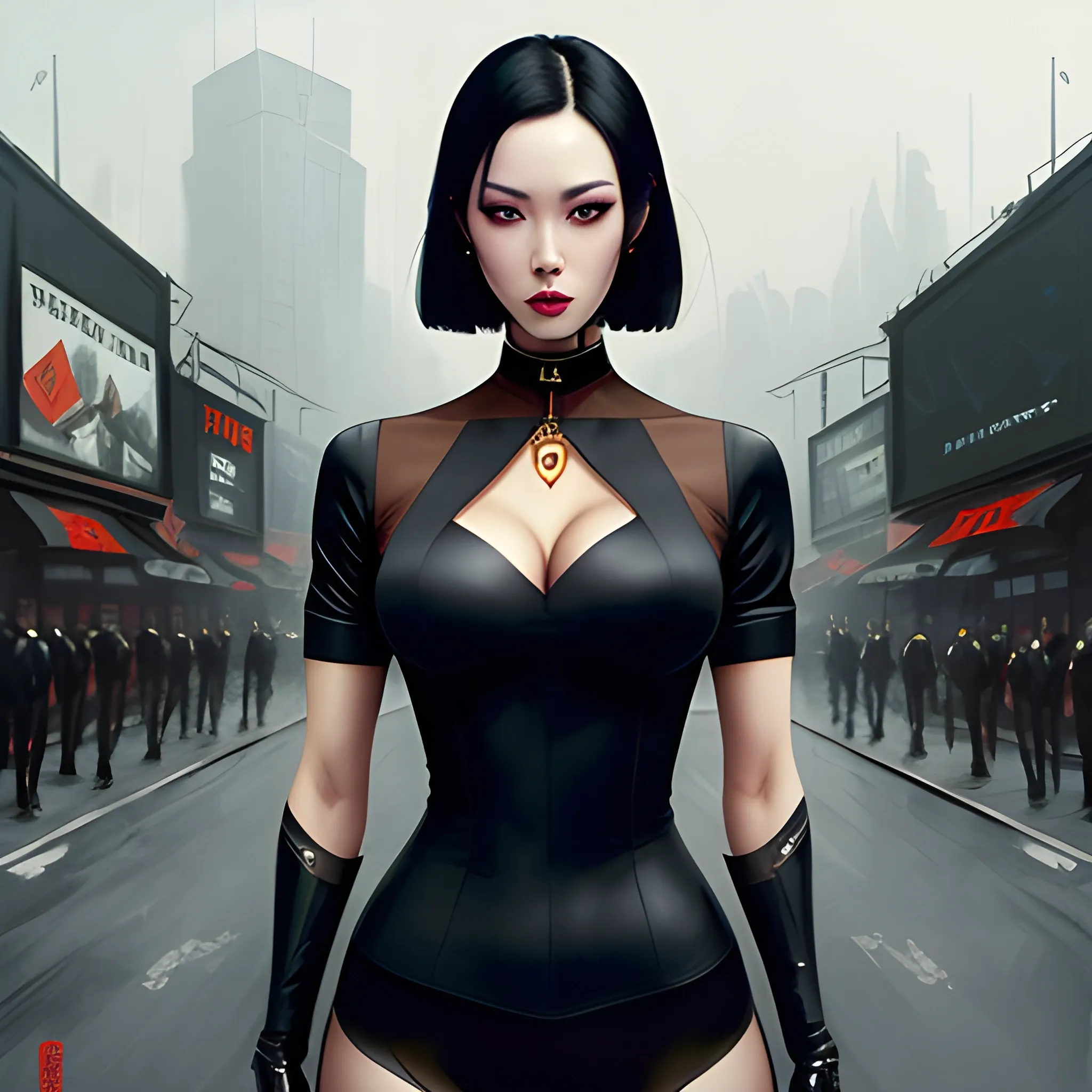 dark painting, intensive colors, military fashion shot of a Beautiful korean girl wearing black stockings , symmetric face, manga eyes, full figure, fit, tight shirt, choker, postapocaliptic ruined city landscape, sinister art by Greg Rutkowski, Oil Painting