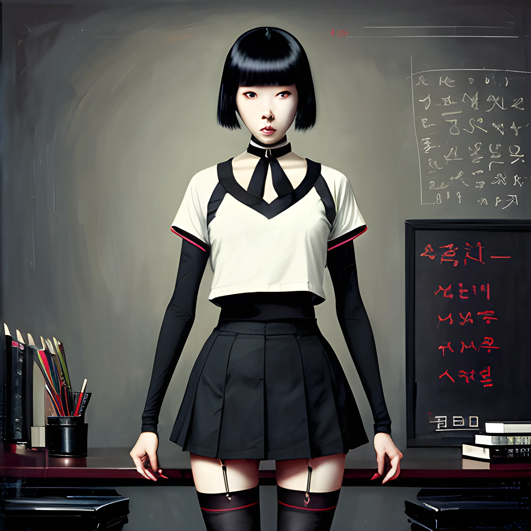 dark painting, intensive colors, casual fashion shot of a Beautiful korean female teacher wearing black stockings , symmetric face, manga eyes, full figure, fit, miniskirt, tight shirt, choker, clasrroom as background, sinister art by Greg Rutkowski, Oil Painting