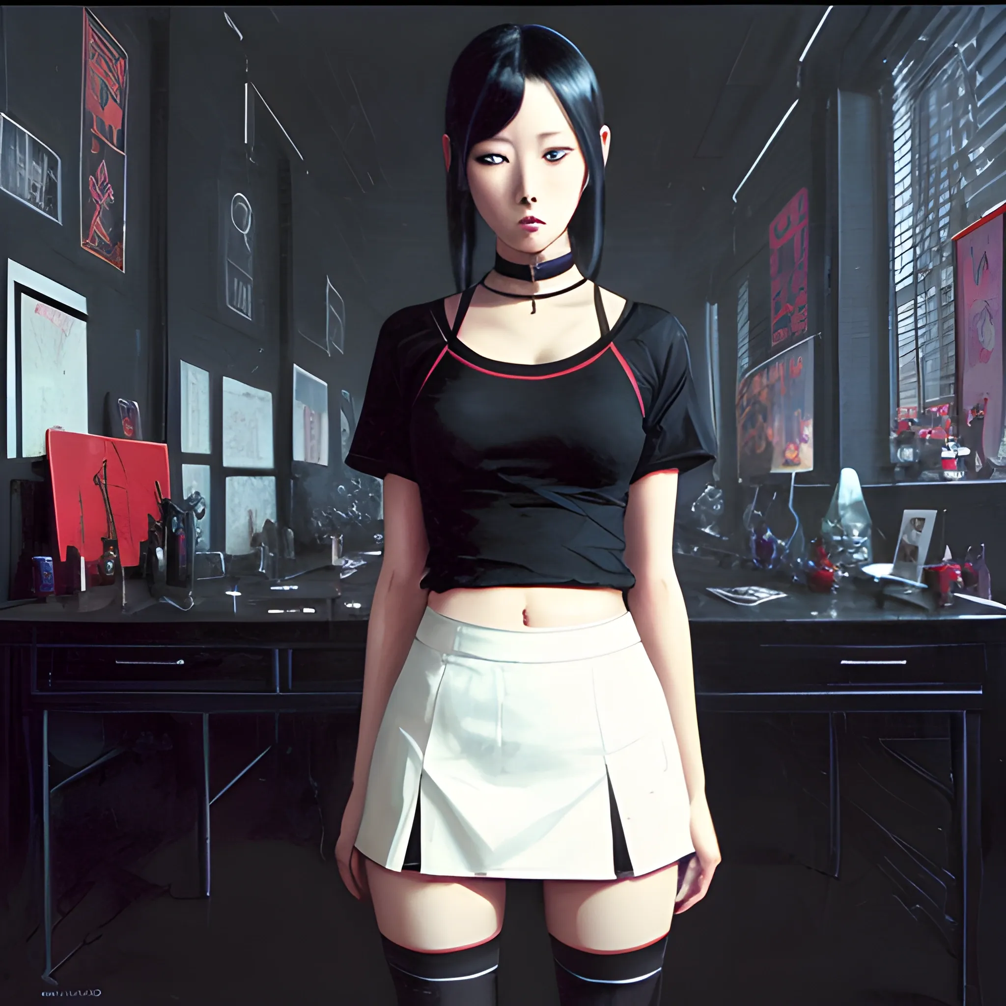 dark painting, intensive colors, casual fashion shot of a Beautiful korean female teacher wearing black stockings , symmetric face, manga eyes, full figure, fit, miniskirt, tight shirt, choker, clasrroom as background, sinister art by Greg Rutkowski, Oil Painting