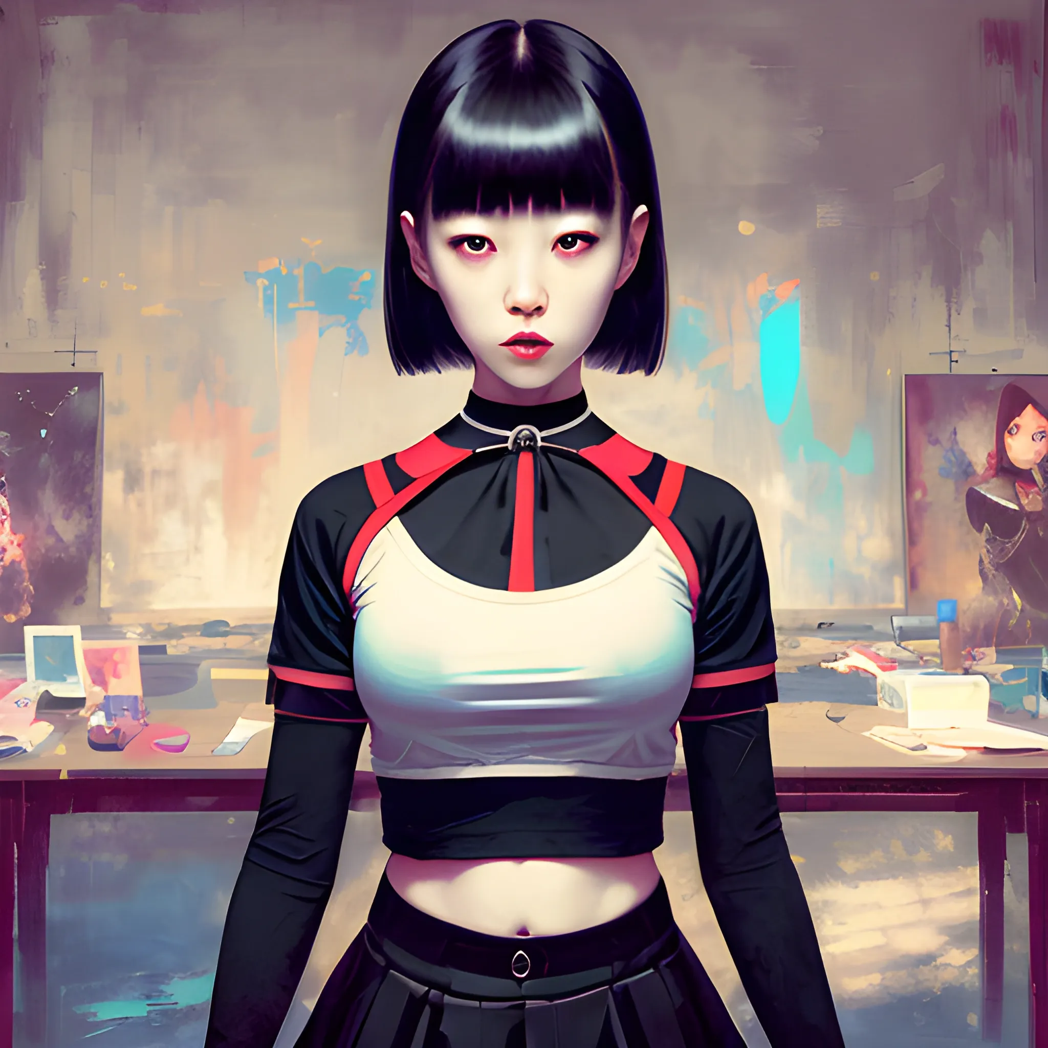 dark painting, intensive colors, casual fashion shot of a Beautiful korean female teacher wearing stockings , symmetric face, manga eyes, full figure, fit, miniskirt, tight shirt, choker, clasrroom as background, sinister art by Greg Rutkowski, Oil Painting