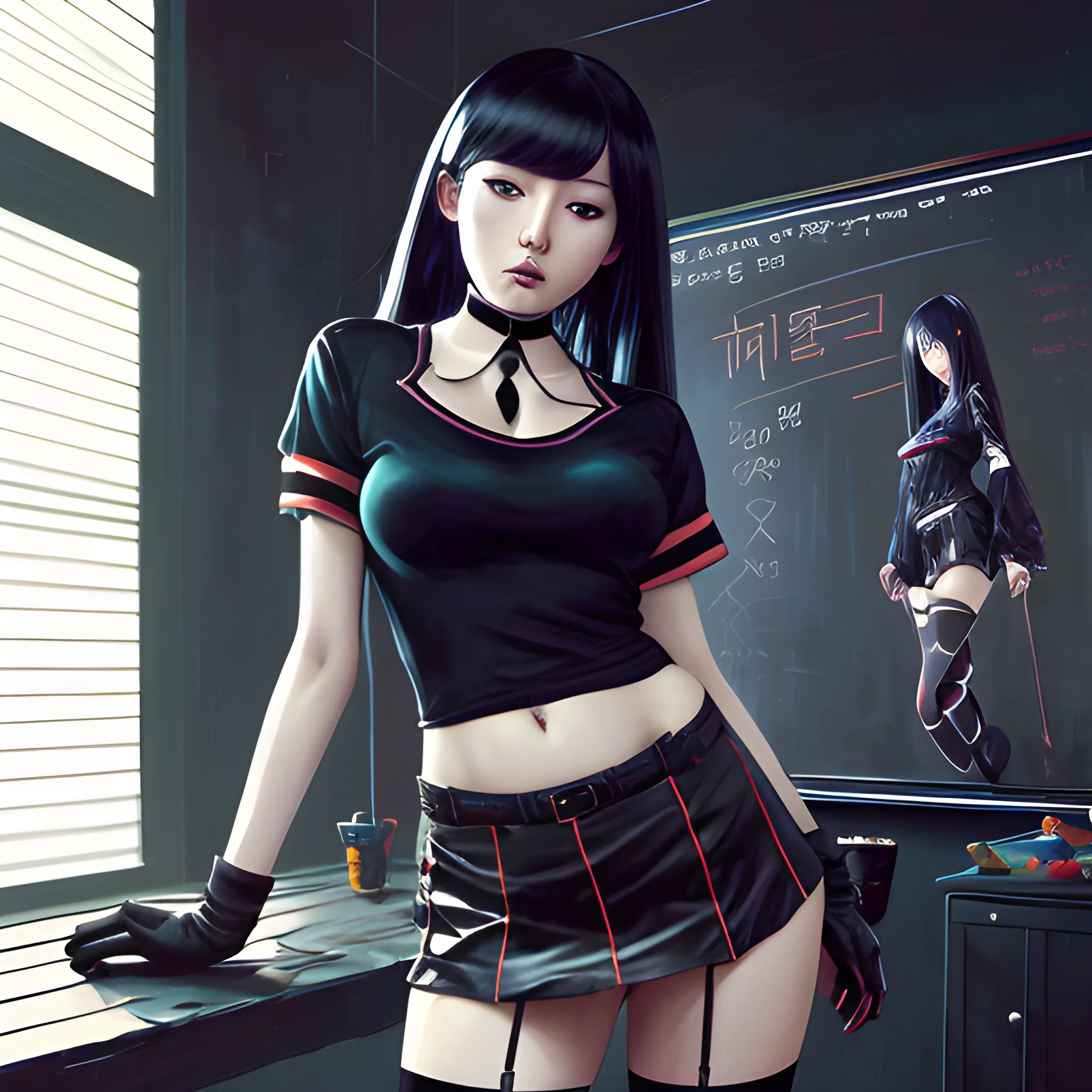 dark painting, intensive colors, casual fashion shot of a Beautiful korean female teacher wearing stockings , longhaired, symmetric face, manga eyes, full figure, fit, miniskirt, tight shirt, choker, clasrroom as background, sinister art by Greg Rutkowski, Oil Painting