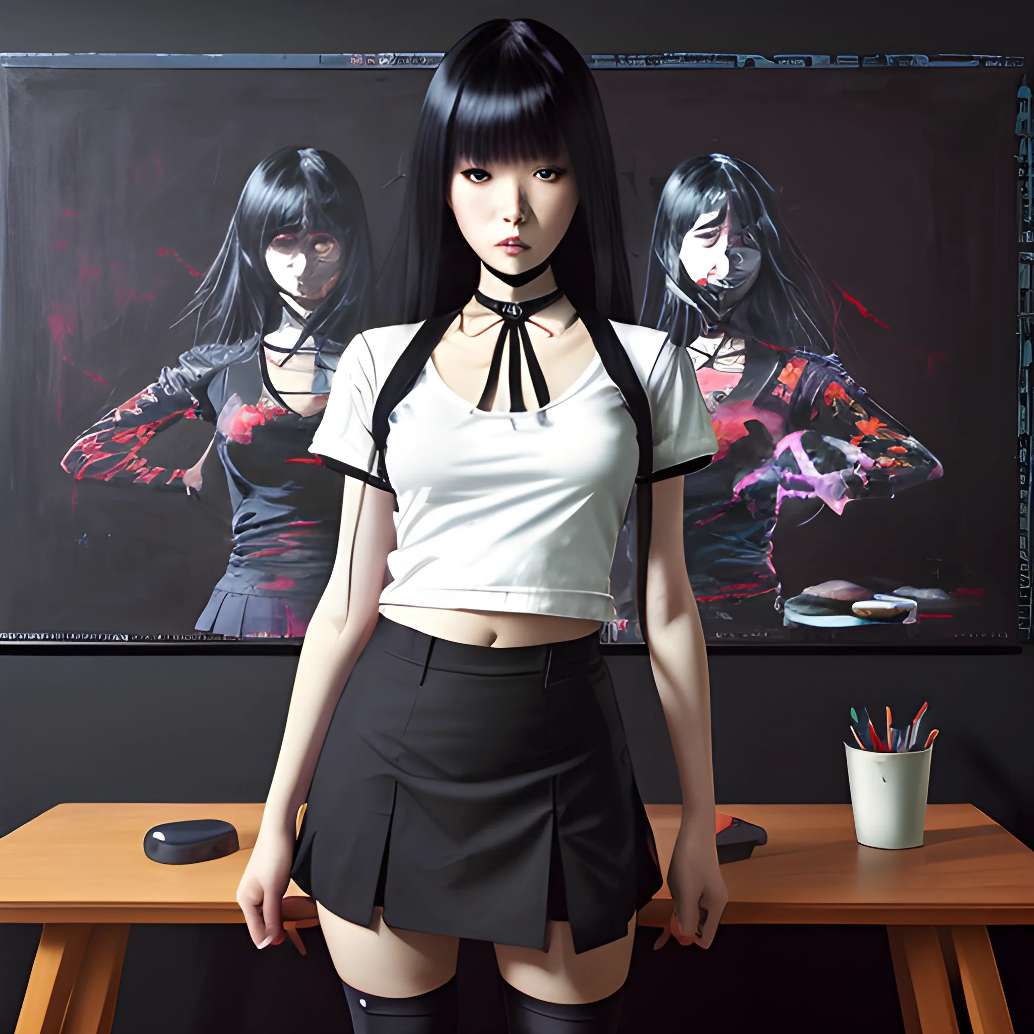 dark painting, intensive colors, casual fashion shot of a Beautiful korean female teacher wearing stockings , longhaired, symmetric face, manga eyes, full figure, fit, miniskirt, tight shirt, choker, clasrroom as background, sinister art by Greg Rutkowski, Oil Painting