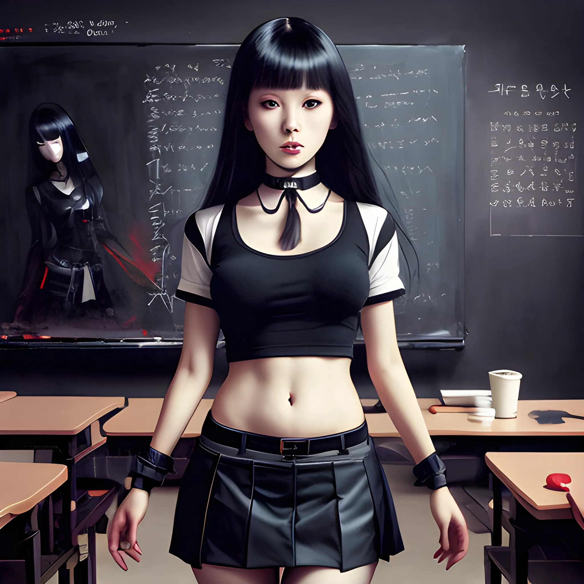 dark painting, intensive colors, casual fashion shot of a Beautiful korean female teacher wearing stockings , longhaired, symmetric face, manga eyes, full figure, fit, miniskirt, tight shirt, choker, clasrroom as background, sinister art by Greg Rutkowski, Oil Painting