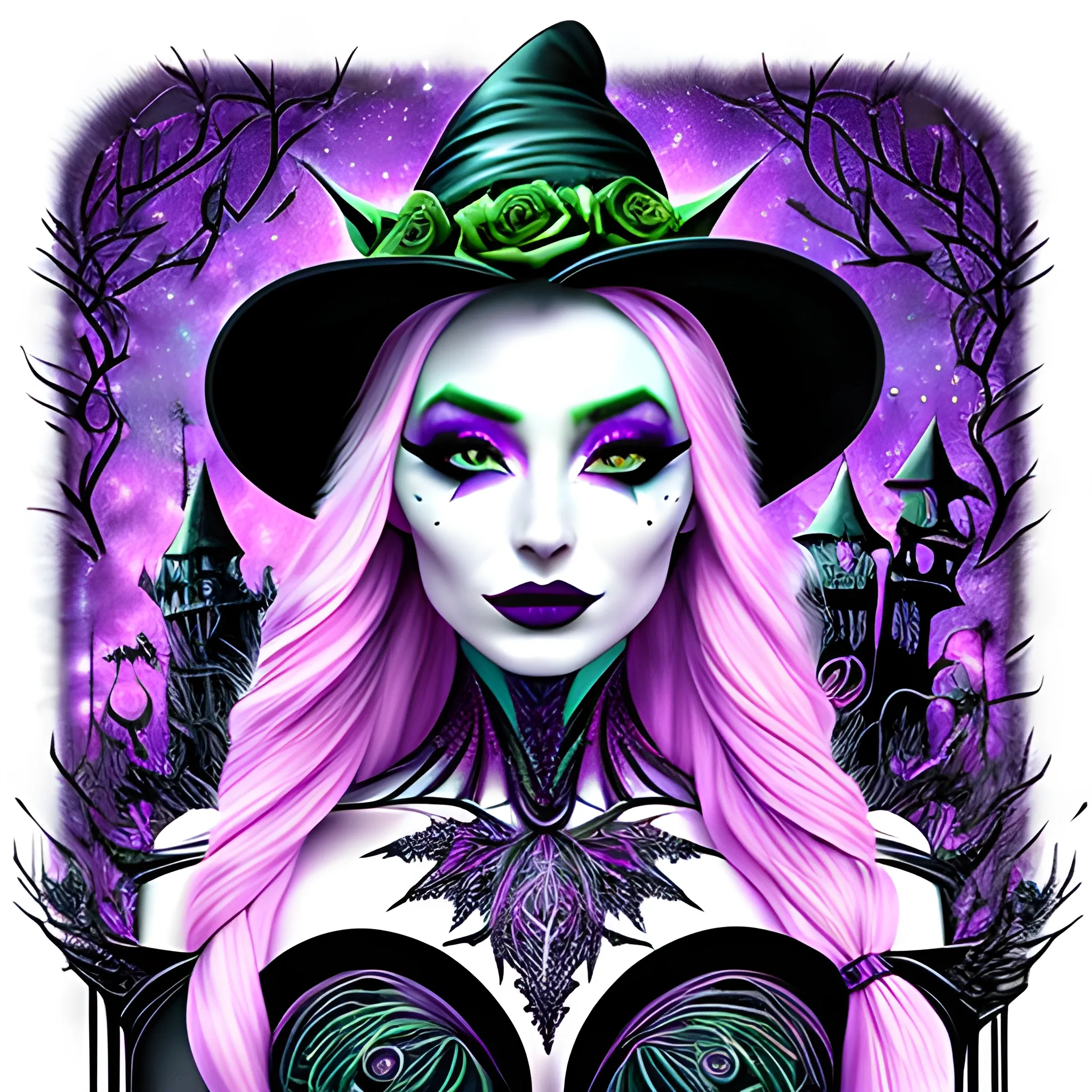 young Dove Cameron / Elsa Hosk face morph as a Halloween Witch, wearing a thorny witch hat adorned with thorns and black roses; Halloween, bats, full moon in a nebula sky, neon spray paint, acrylic paint, fantastical surrealist world, in the style of Stephen Gammell, extremely detailed Zentangle style, sick, gothic, eldritch, candles, neon grape purple, dayglo orange, chartreuse green, Halloween 