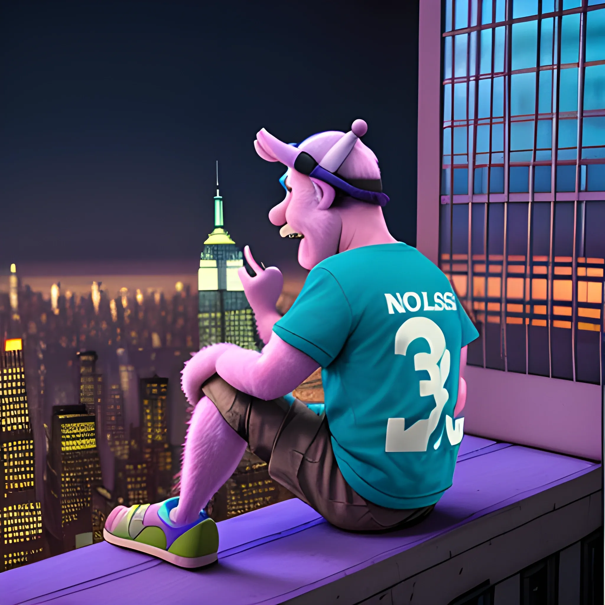 A realistic 3d image of sully from monsters inc dressed in an I love New York t shirt sitting depressed on the Empire State Building at night lofi