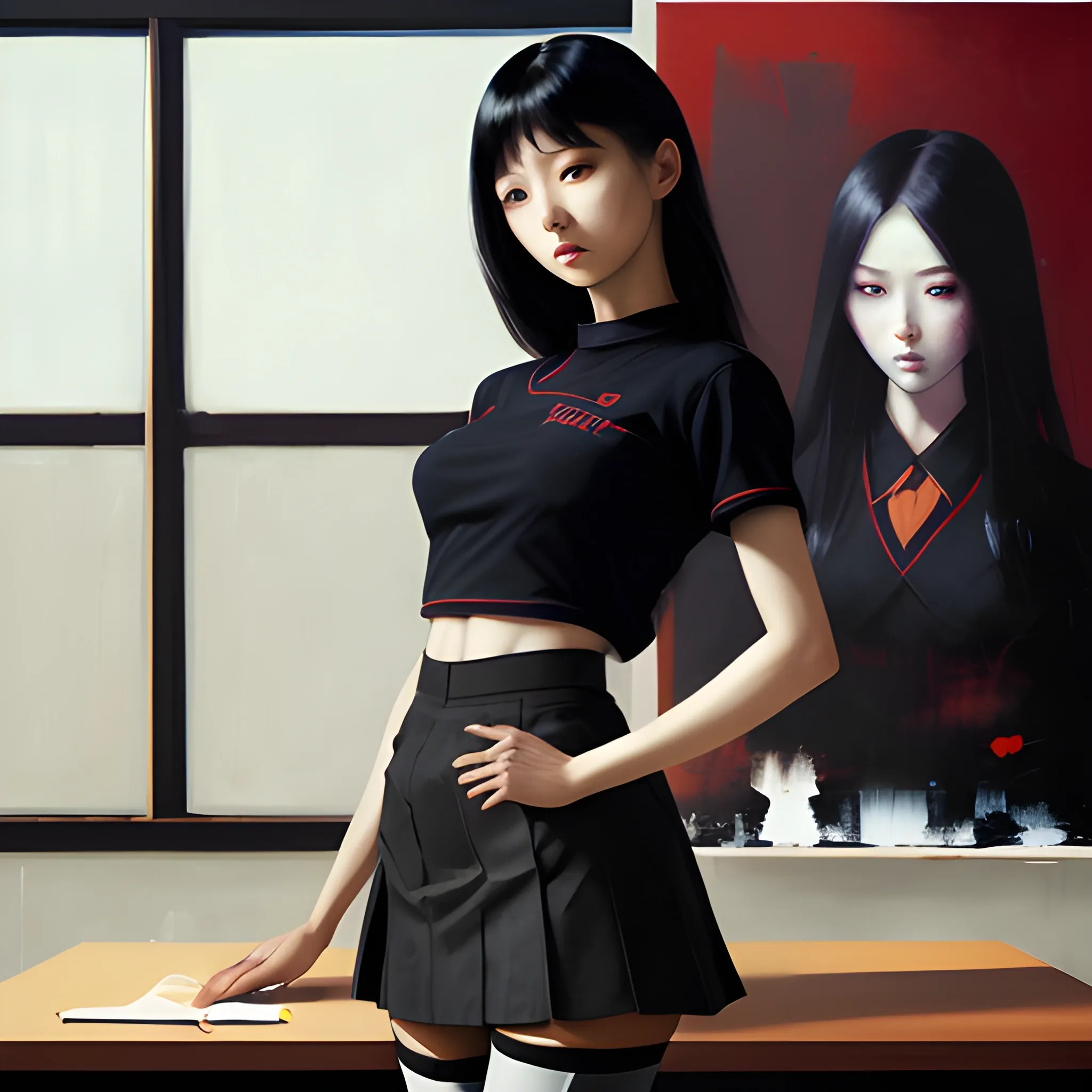 dark painting, intensive colors, casual fashion shot of a Beautiful korean female teacher wearing stockings , longhaired, symmetric face, manga eyes, full figure, fit, miniskirt, tight shirt, class room as background, sinister art by Greg Rutkowski, Oil Painting