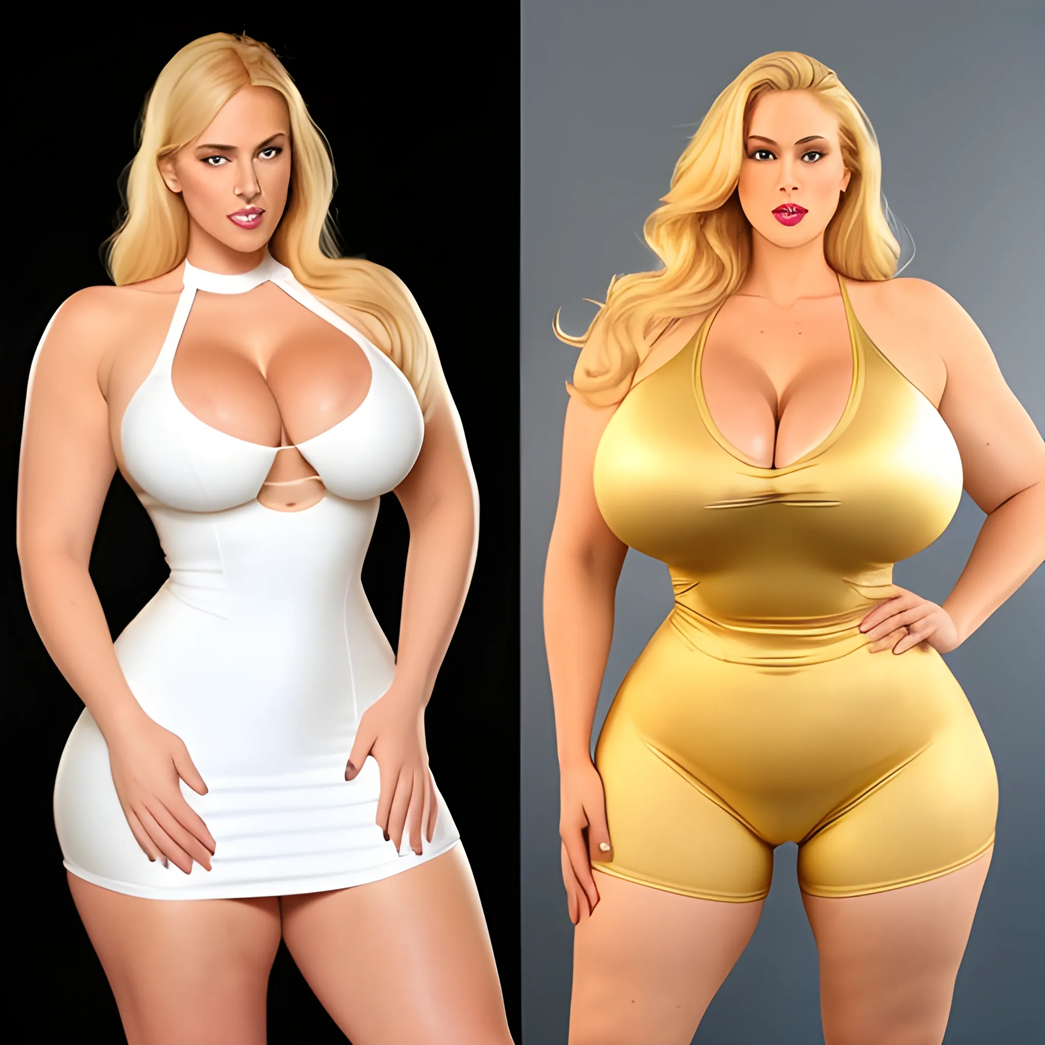 massive and very tall, beautiful, plus size, friendly beautiful blonde girl broad shoulders, slightly muscular,  golden blonde hair, full voluptuous hourglass body and long big thighs and big legs in short tight dress, athletic, in beautiful house next to her slightly shorter blonde daughters with the same bodytype hugging her