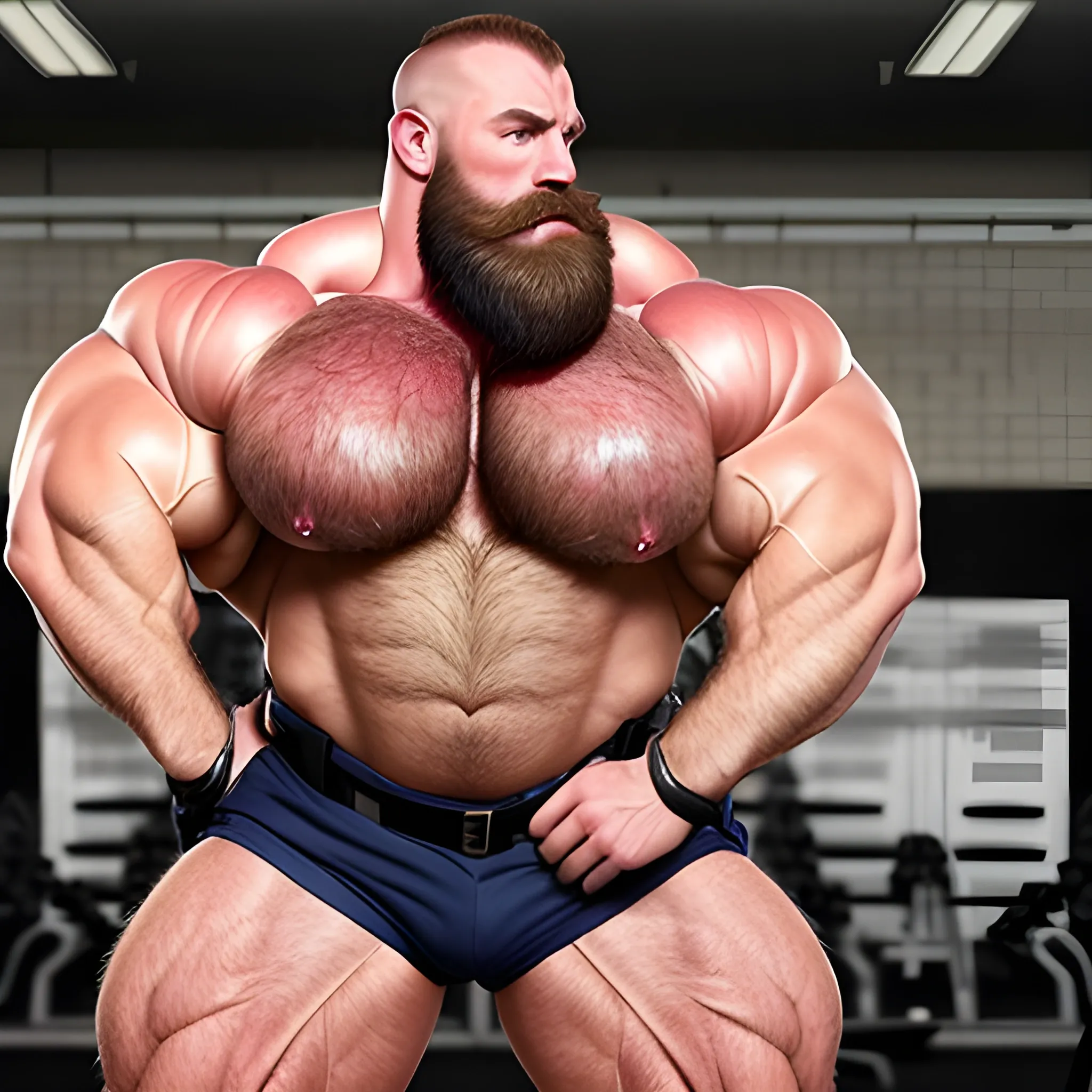 beefybodybuilder,(sexylaceandsilk),(hugebreast,hugechest,hugepectoralstit),passionatekiss,(muscularhairybald),(beardedpoliceman),(huge muscle,hugearms,hugelegs),(superhairy,verymasculine),(tightpoliceuniform,boots)