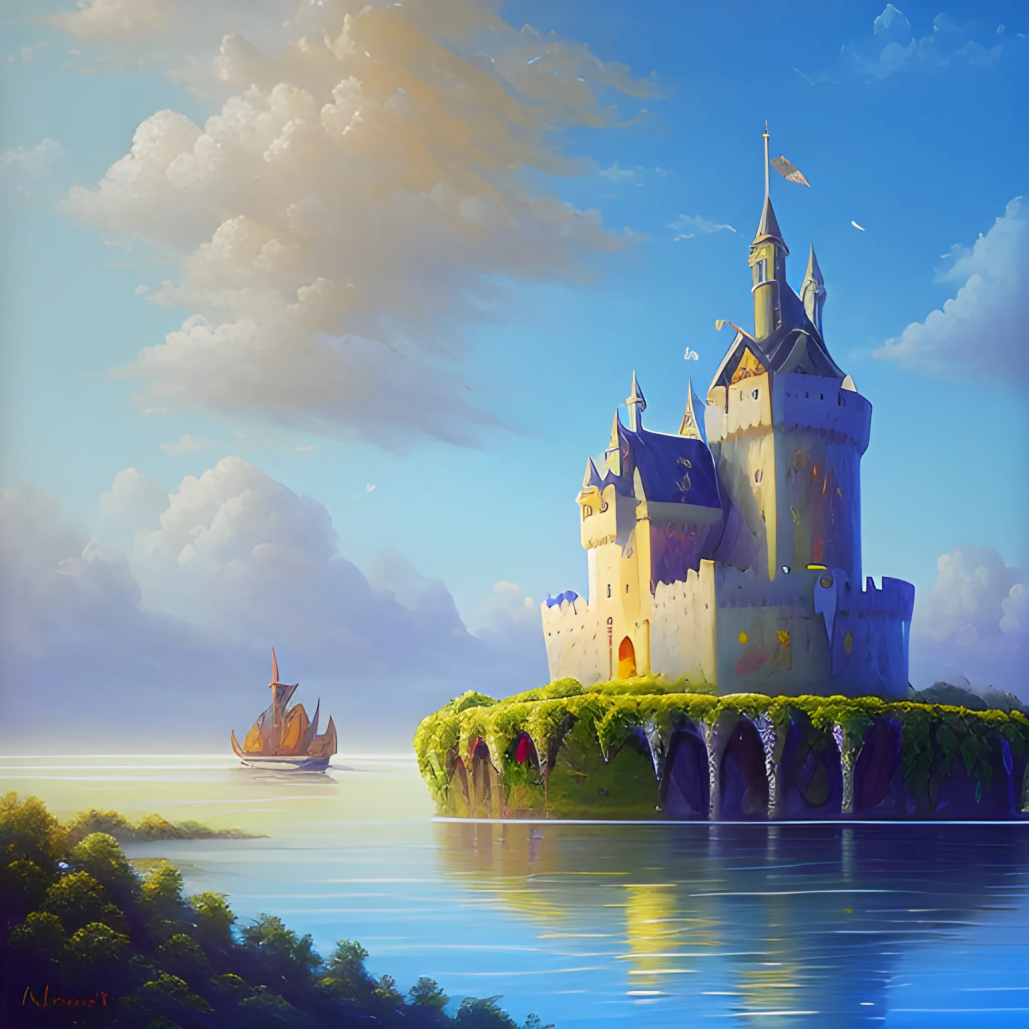 landscape, floating fantasy castel in sky, Oil Painting