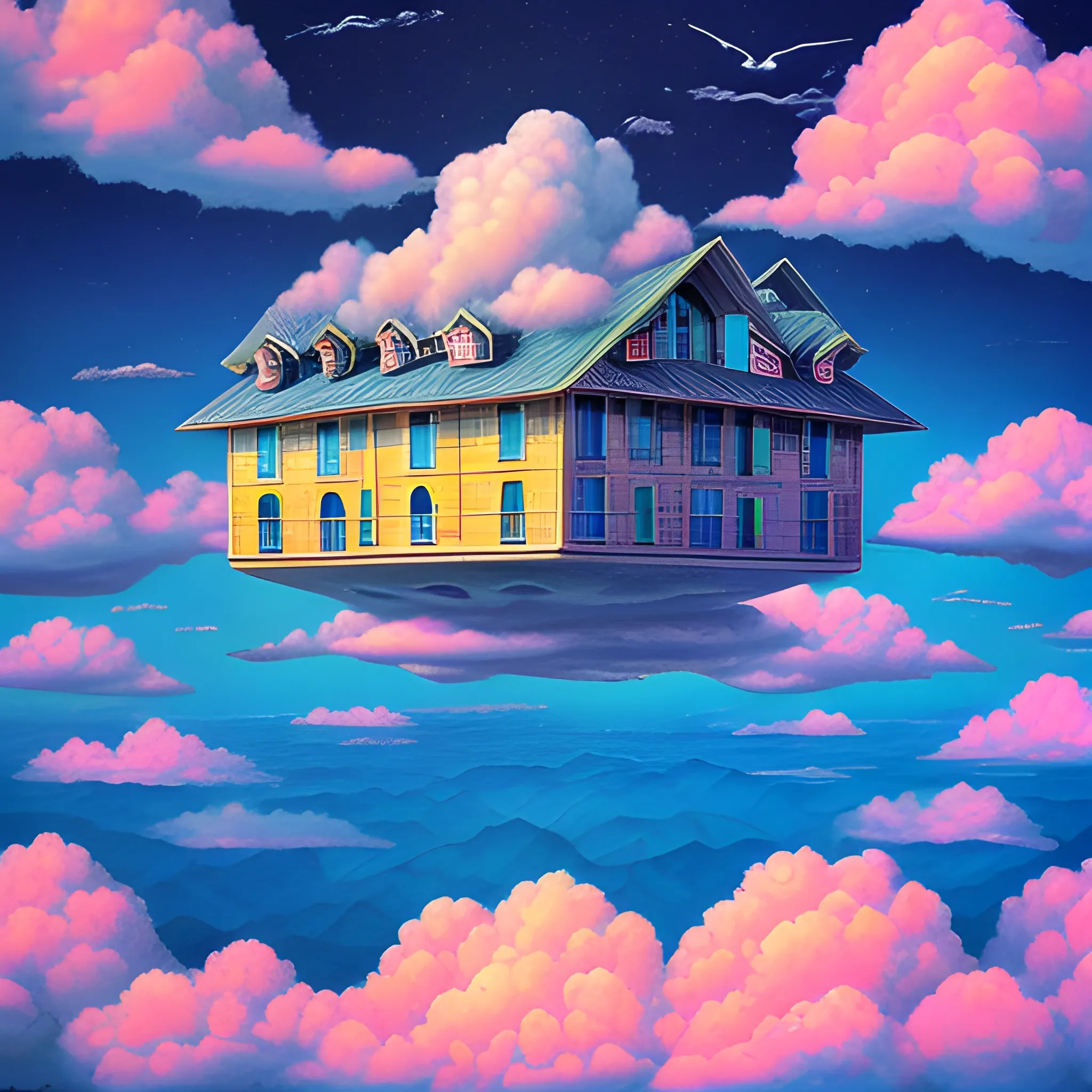house in the sky, psychedelic fantasy, clouds